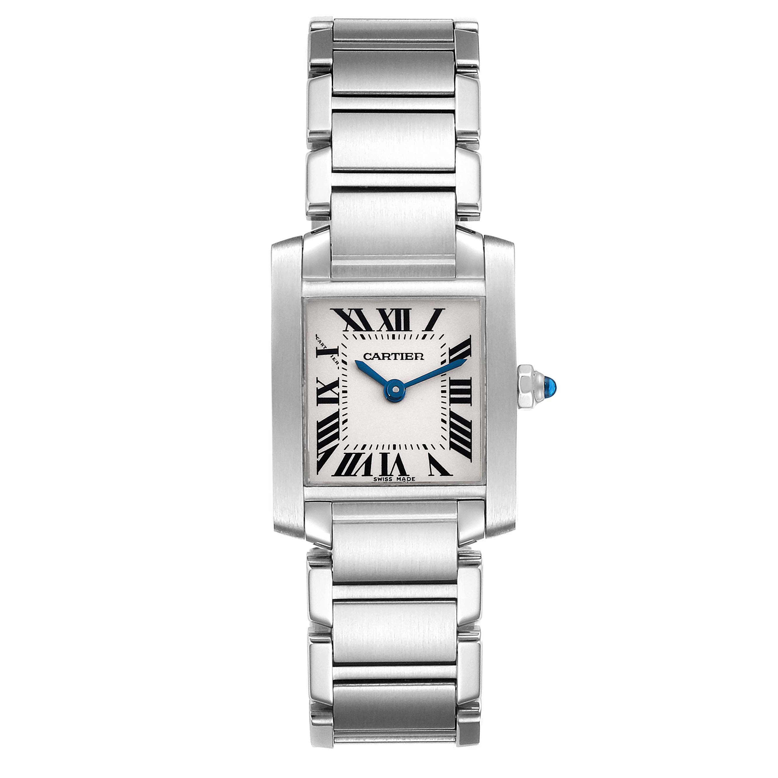 The image is a front view of the Cartier Tank Française watch, showing the face, bracelet, and crown.