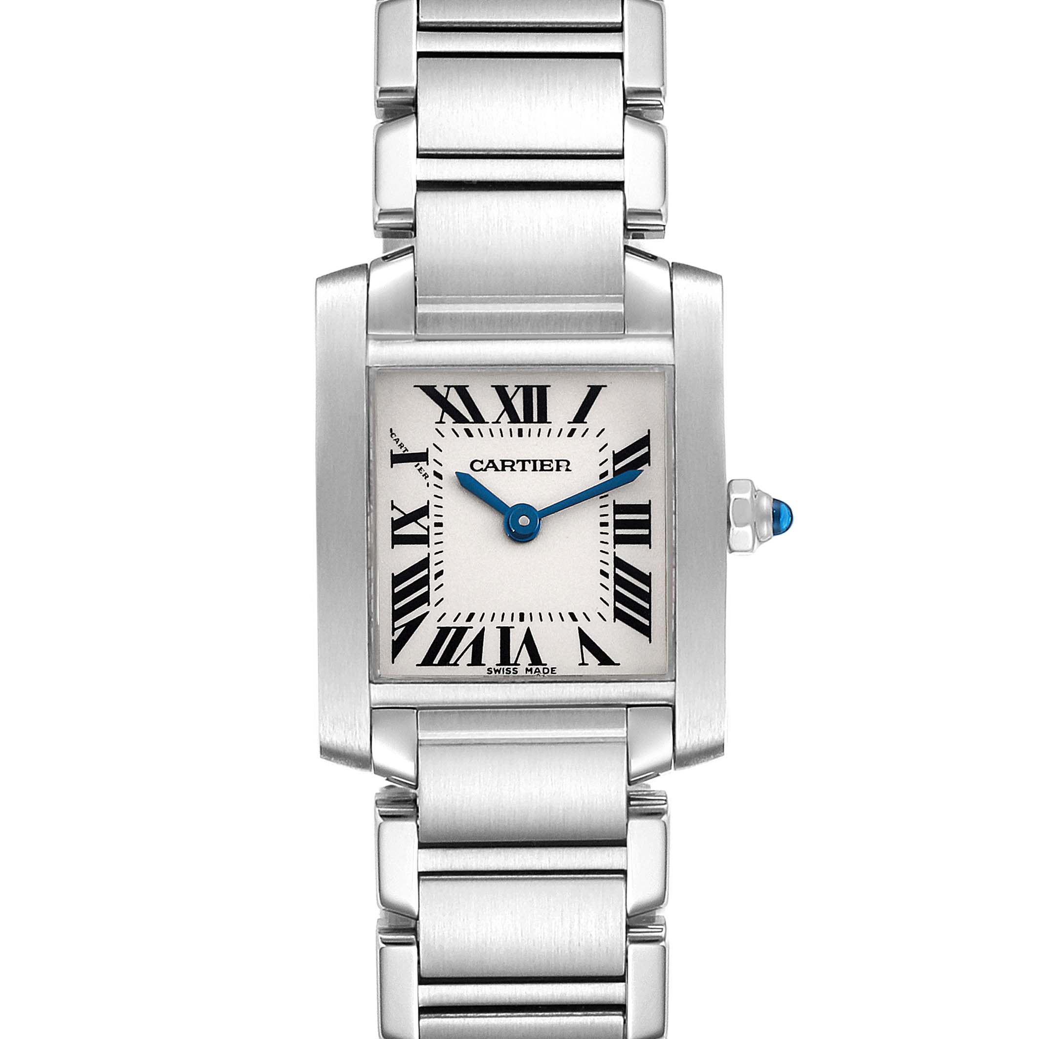 This image shows a front view of the Cartier Tank Française watch, displaying its face, bracelet, and crown.