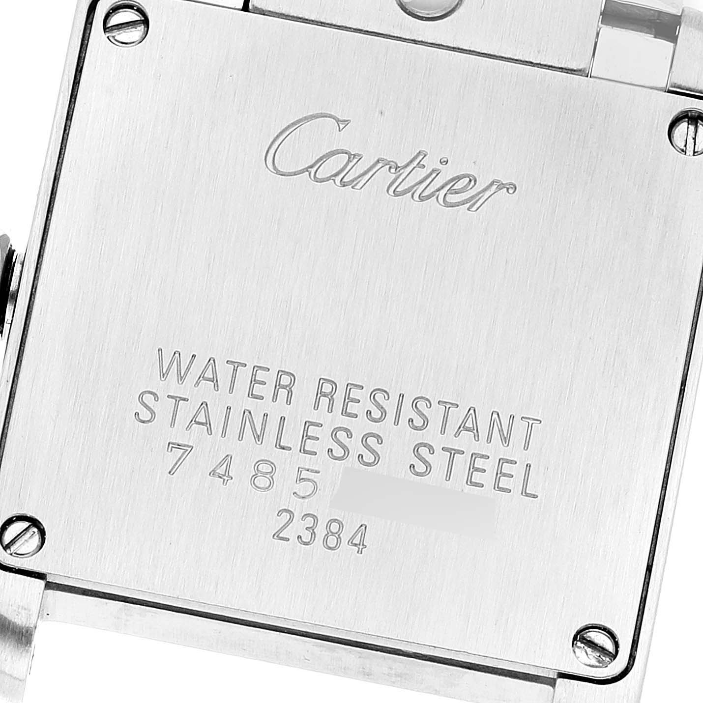 The image shows the back of the Cartier Tank Francaise W51008Q3 Women's Stainless Steel Silver Dial W51008Q3 Women's Stainless Steel Silver Dial watch, displaying branding and material details.