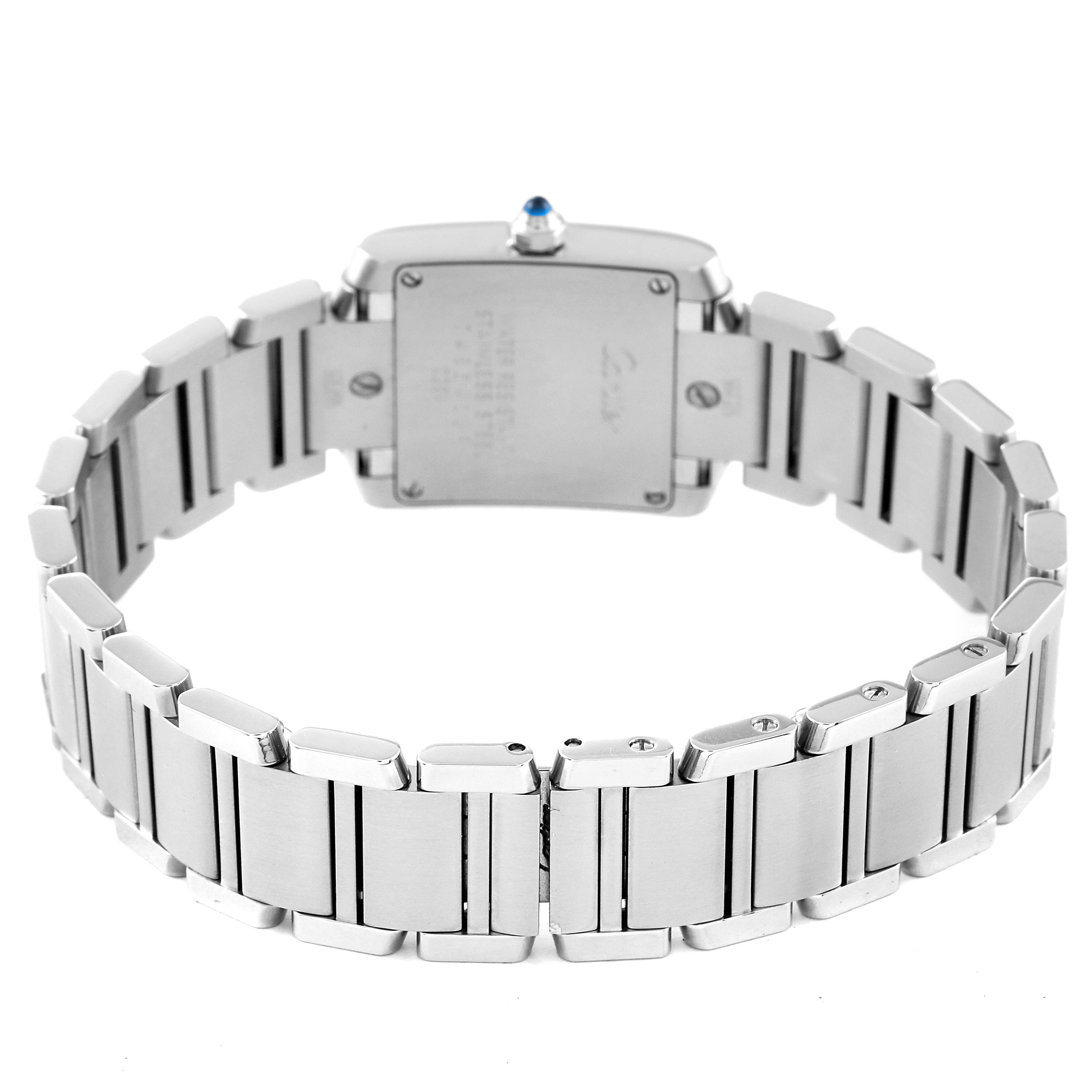 This image shows the back and bracelet of a Cartier Tank Francaise W51008Q3 Women's Stainless Steel Silver Dial W51008Q3 Women's Stainless Steel Silver Dial watch, including the case back and bracelet links.