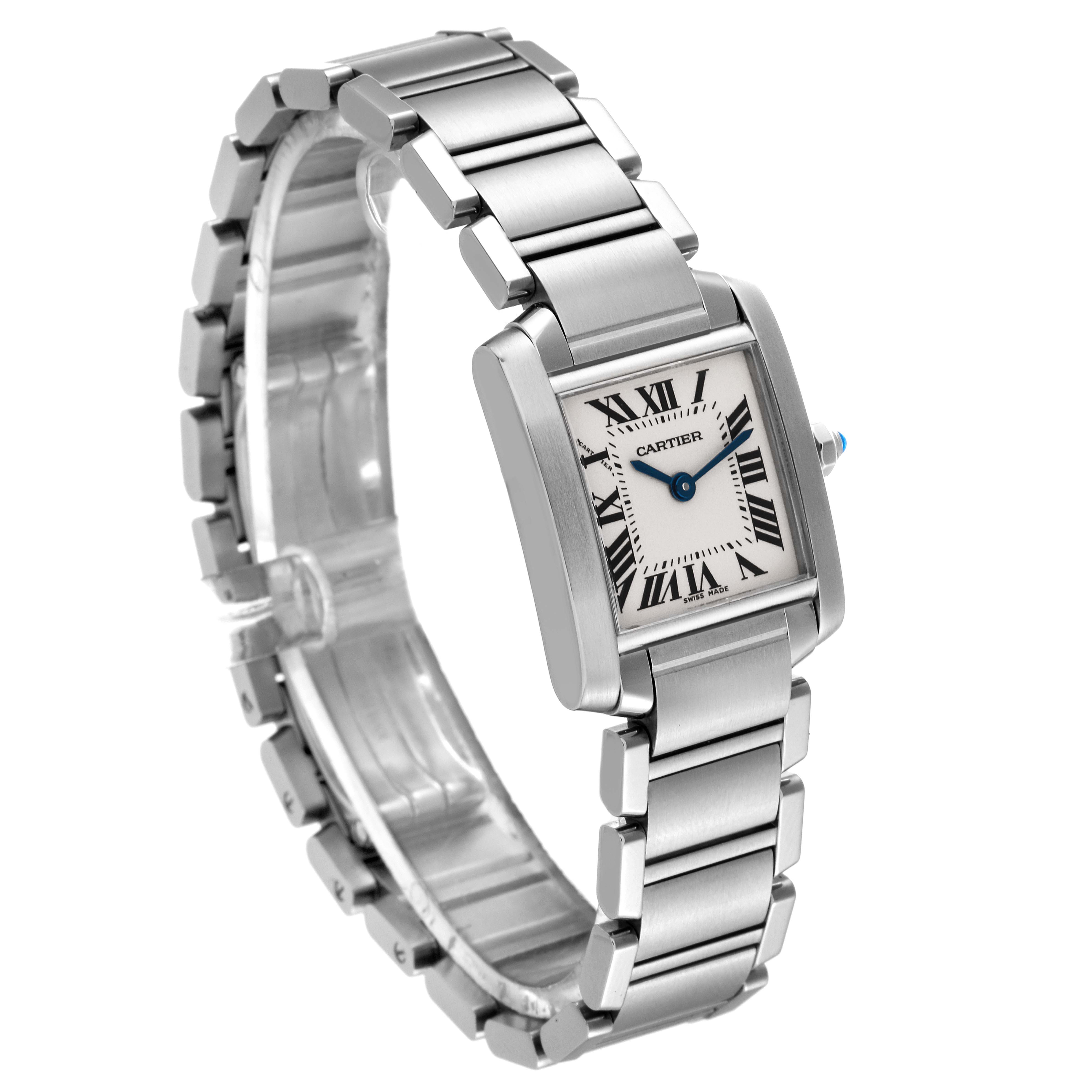 The image shows a Cartier Tank Francaise W51008Q3 Women's Stainless Steel Silver Dial W51008Q3 Women's Stainless Steel Silver Dial watch angled to display the face, bracelet, and part of the crown.