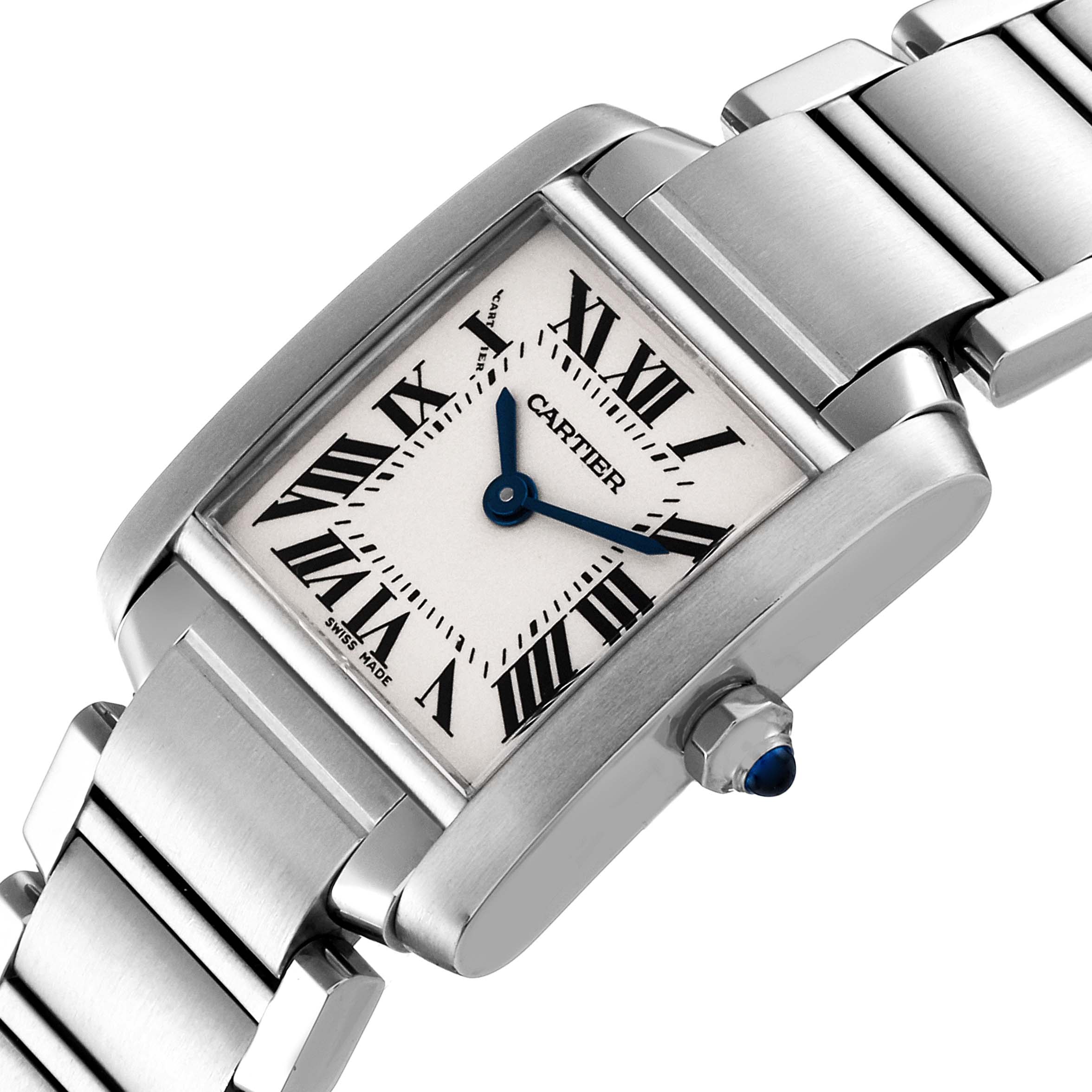 The image shows a close-up, angled view of the Cartier Tank Francaise W51008Q3 Women's Stainless Steel Silver Dial W51008Q3 Women's Stainless Steel Silver Dial watch, highlighting its face, bezel, and part of the metal bracelet.