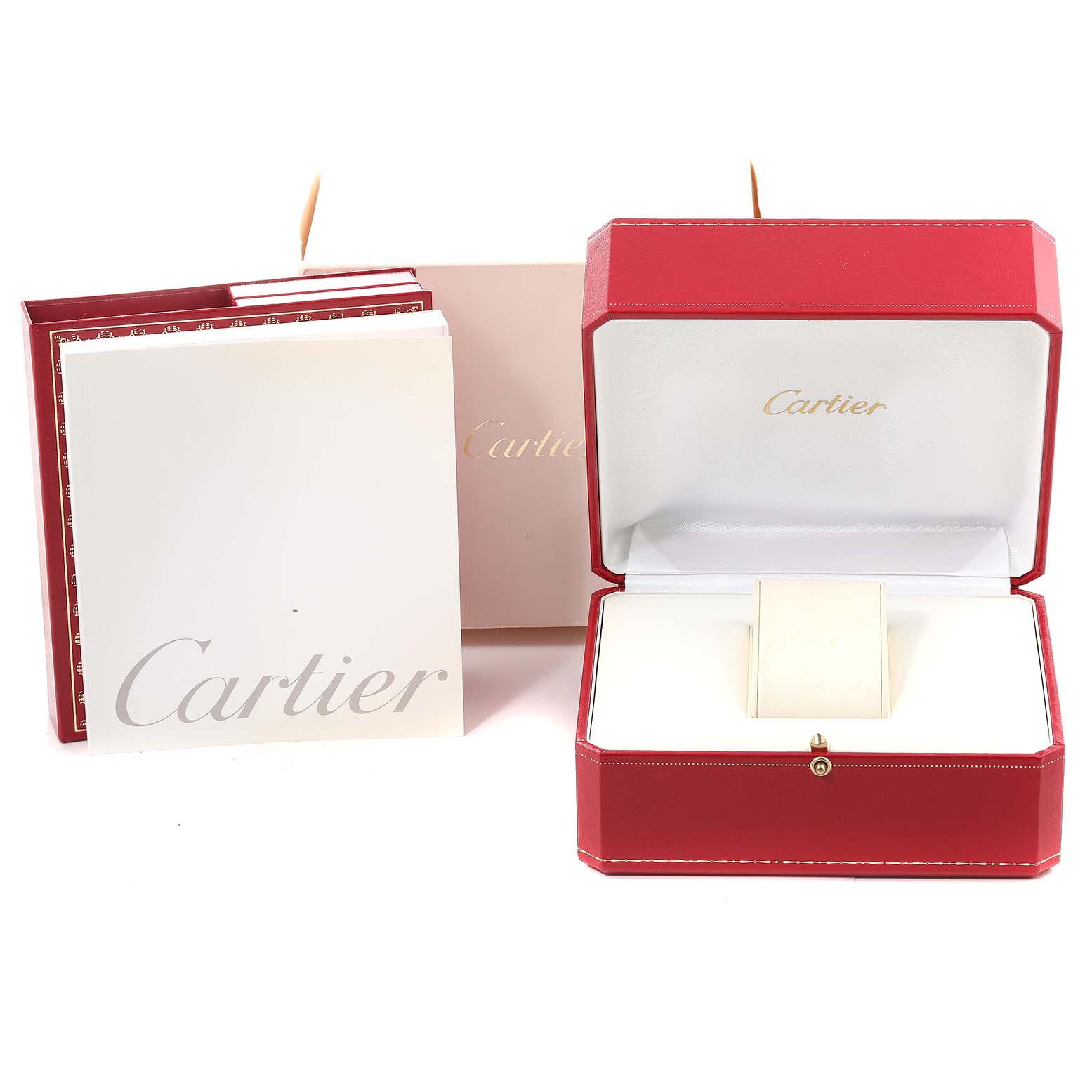 The image shows the packaging, instruction manual, and an open red box for a Cartier Tank Francaise W51008Q3 Women's Stainless Steel Silver Dial W51008Q3 Women's Stainless Steel Silver Dial watch.