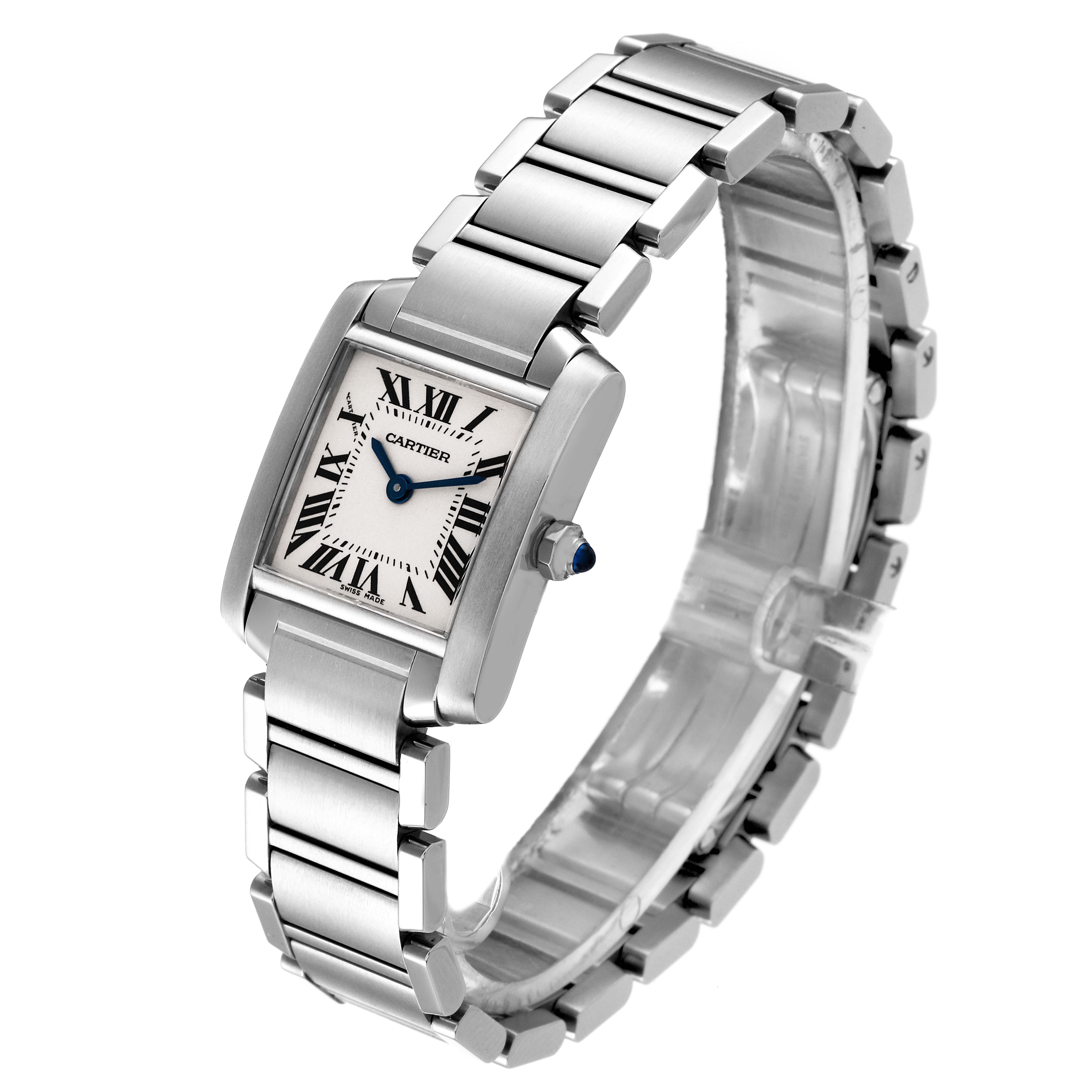 The image shows a side and front view of the Tank Francaise watch by Cartier, highlighting its bracelet and rectangular face.