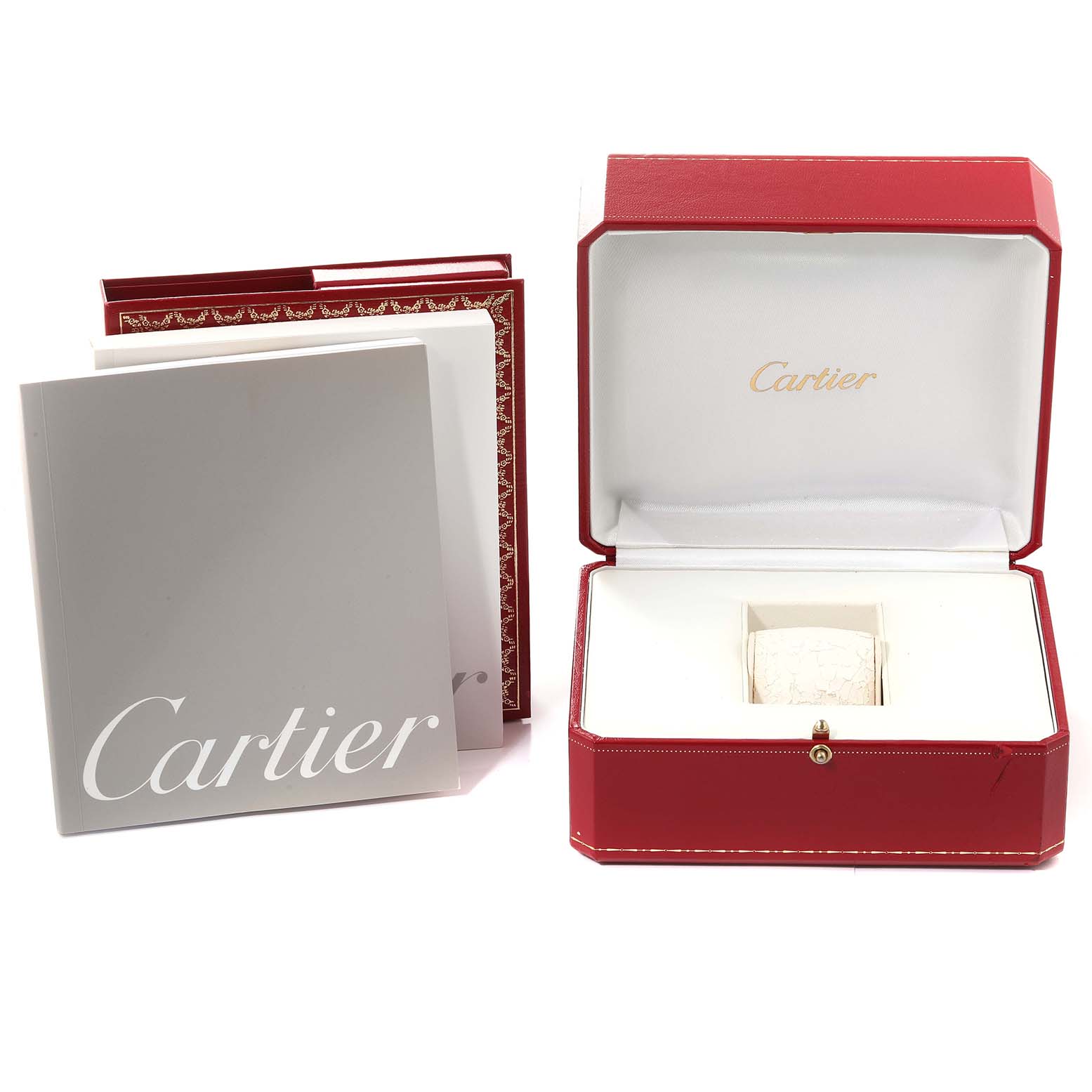 The image shows the red box and booklets for a Cartier Tank Louis W1529856 Women's Yellow Gold Silver Dial W1529856 Women's Yellow Gold Silver Dial watch, with the open box and its contents.