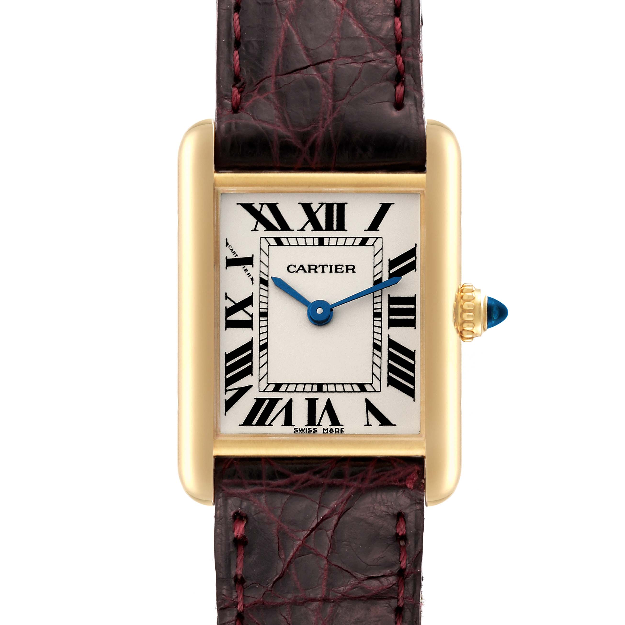 The Cartier Tank Louis W1529856 Women's Yellow Gold Silver Dial W1529856 Women's Yellow Gold Silver Dial watch is shown from a front view, displaying its face, Roman numerals, blue hands, and part of the leather strap.