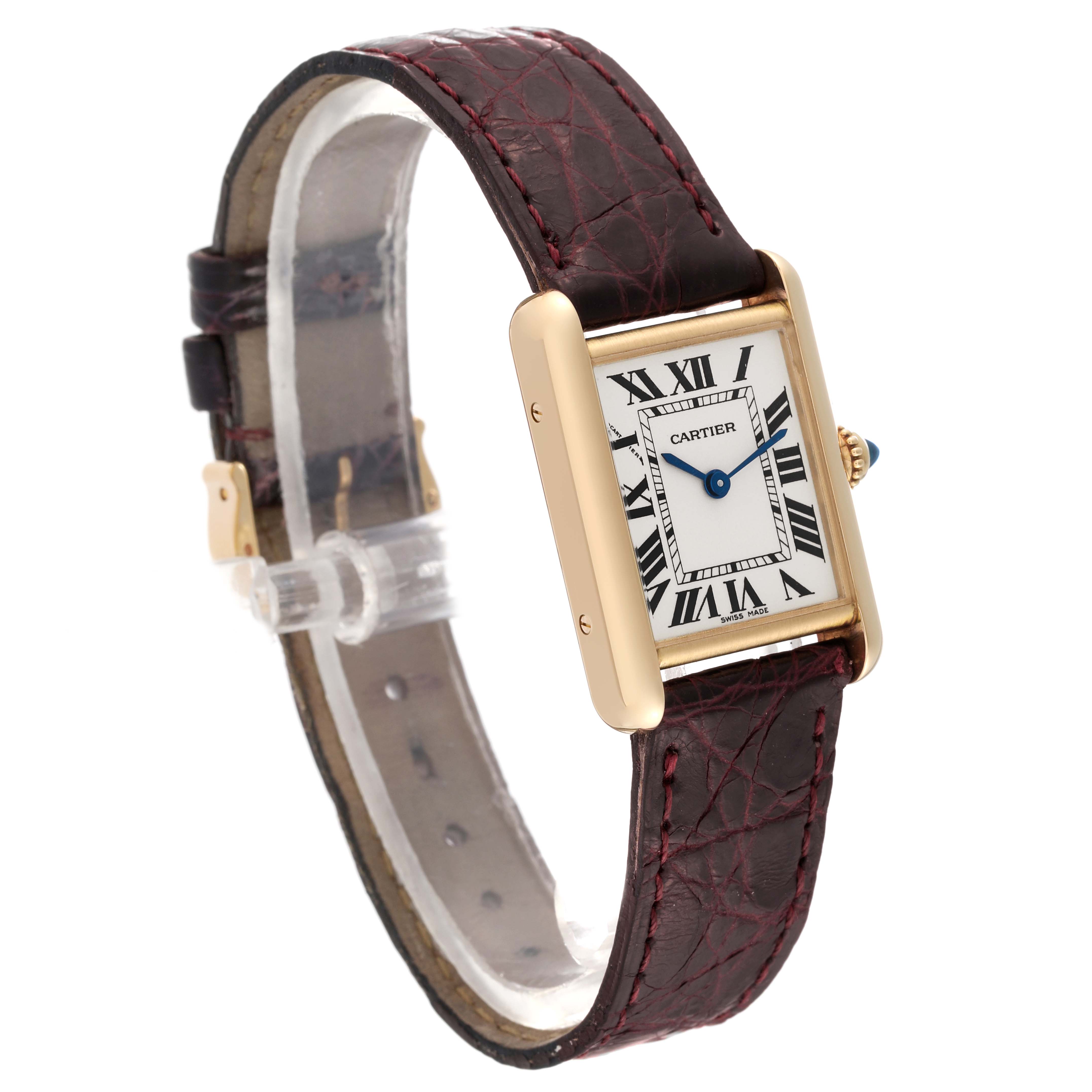 This image shows a Cartier Tank Louis W1529856 Women's Yellow Gold Silver Dial W1529856 Women's Yellow Gold Silver Dial watch angled to display the dial, case, and leather strap.