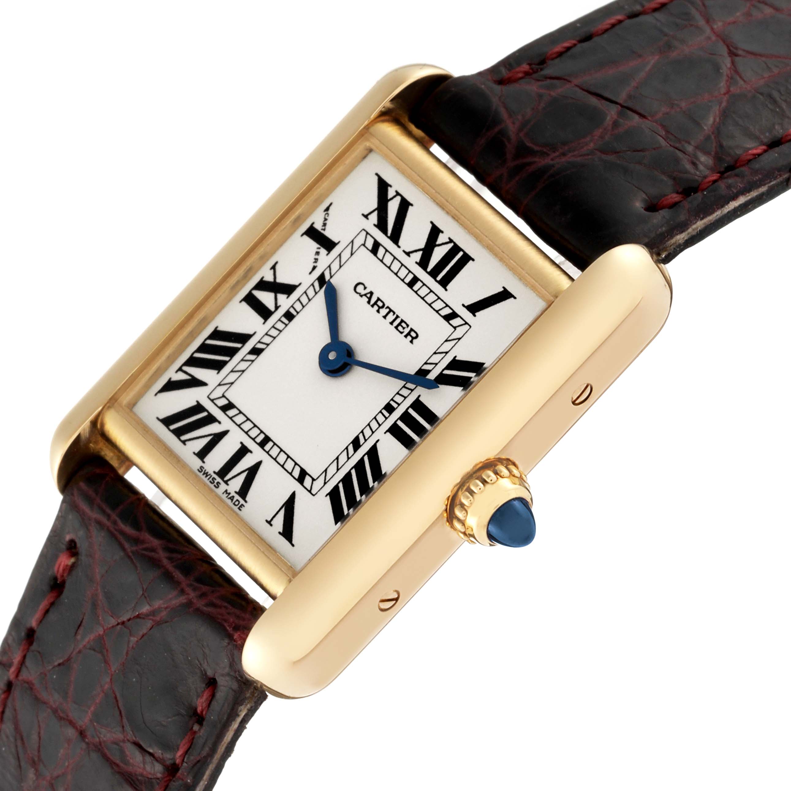 The image shows a Cartier Tank Louis W1529856 Women's Yellow Gold Silver Dial W1529856 Women's Yellow Gold Silver Dial watch at an angle highlighting the face, Roman numeral dial, and the crown with a blue cabochon.