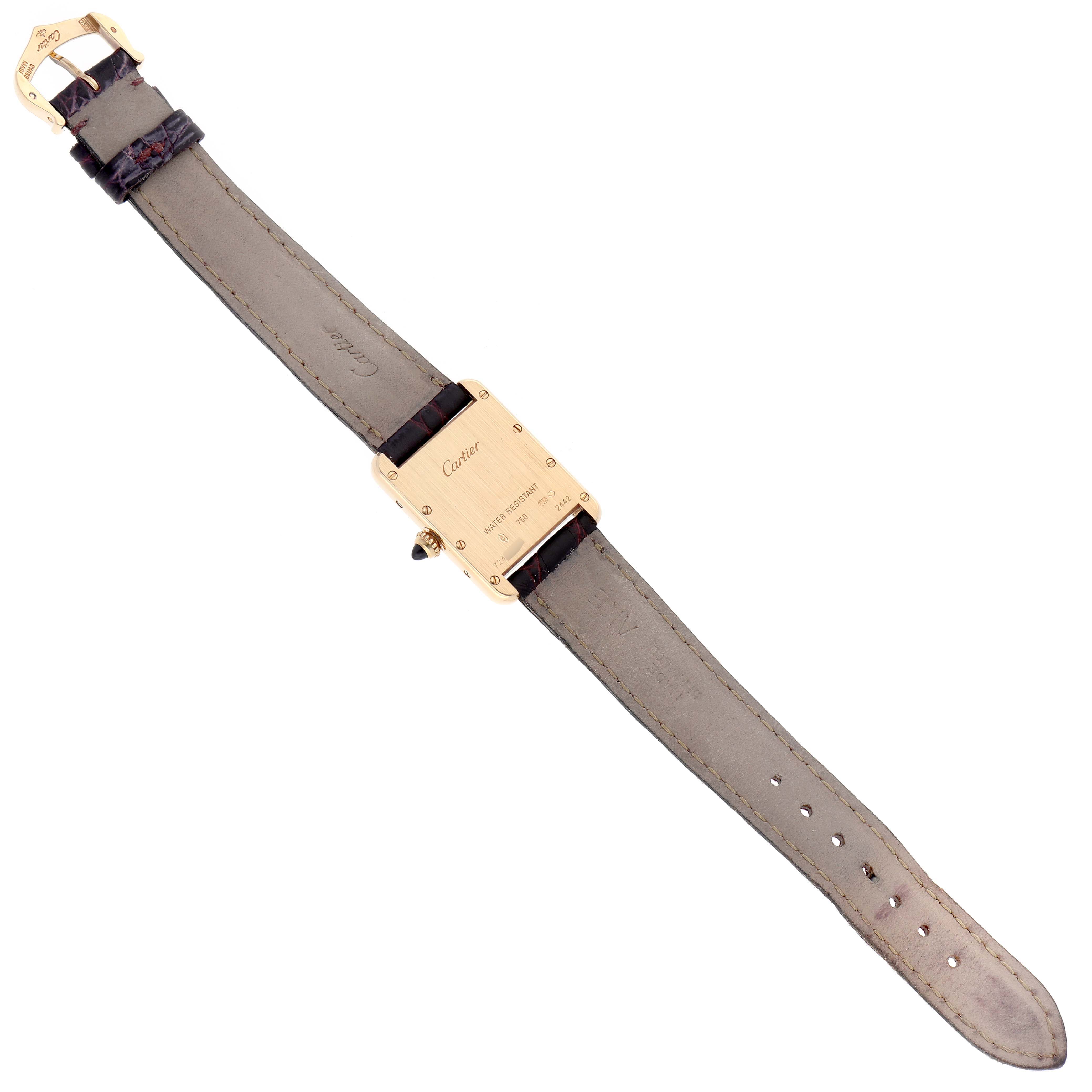 The image shows the back view of a Cartier Tank Louis W1529856 Women's Yellow Gold Silver Dial W1529856 Women's Yellow Gold Silver Dial watch, displaying the timepiece and entire leather strap.