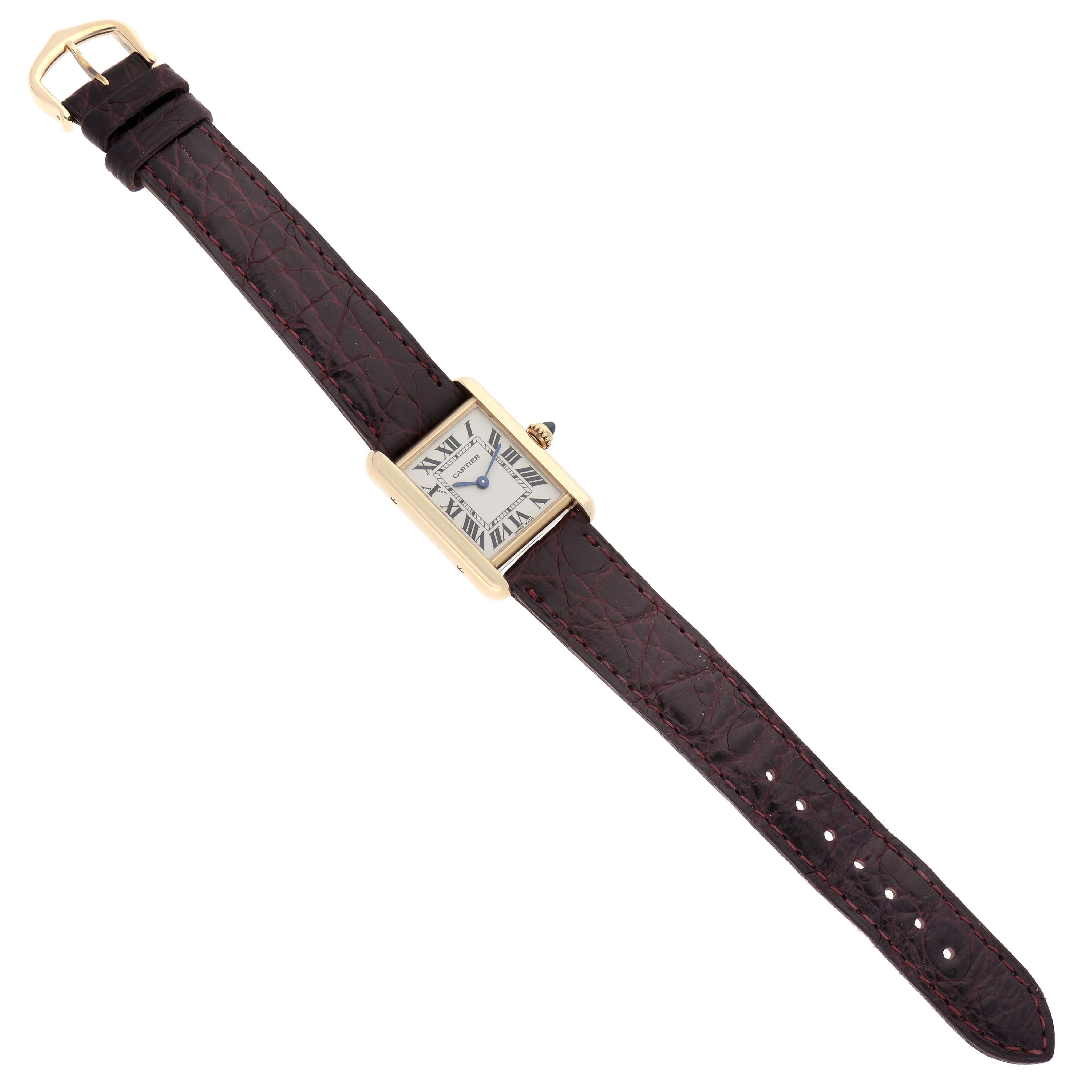 The image shows a top-down view of a Cartier Tank Louis W1529856 Women's Yellow Gold Silver Dial W1529856 Women's Yellow Gold Silver Dial watch, displaying its face, brown leather strap, and buckle.