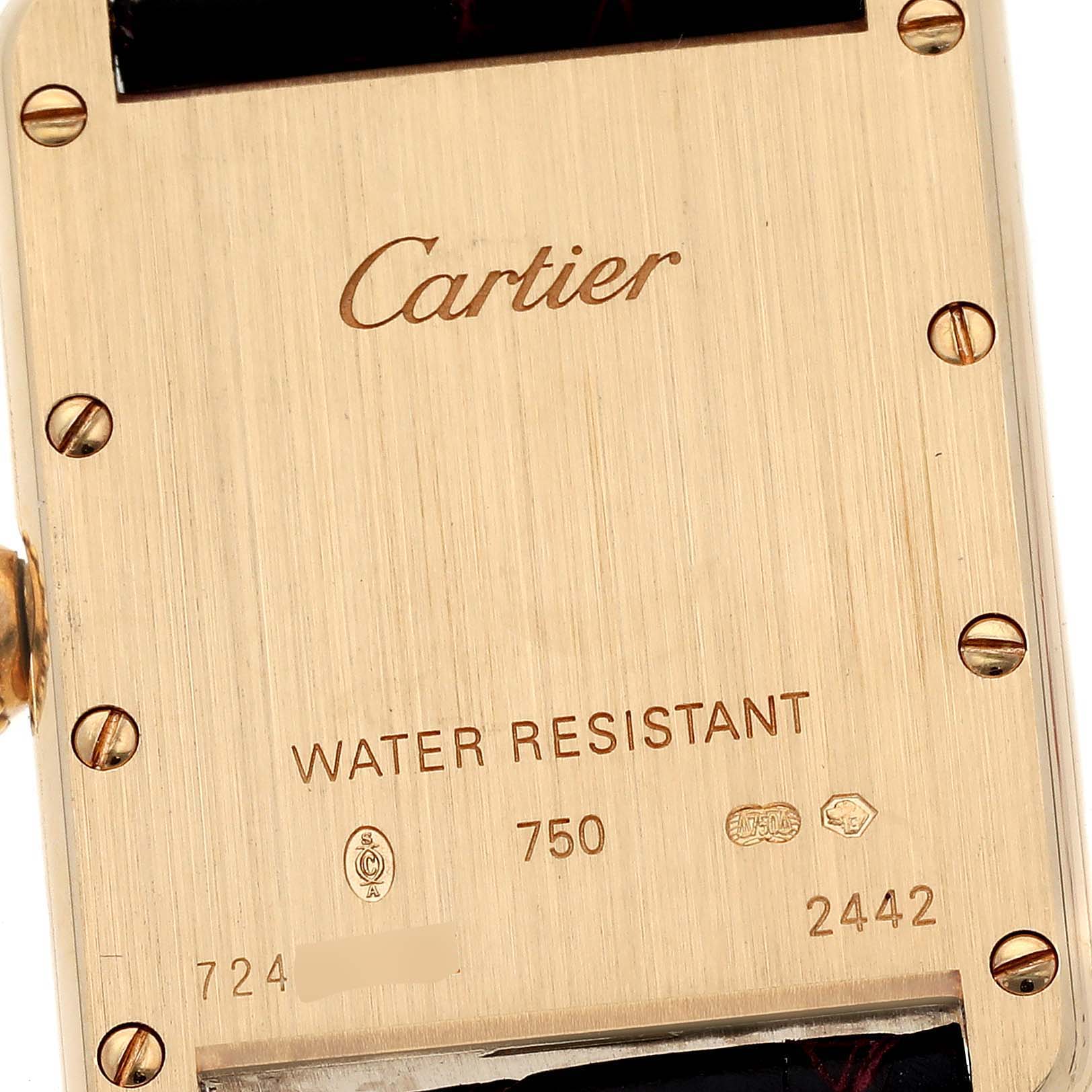 The image shows the back case of a Cartier Tank Louis W1529856 Women's Yellow Gold Silver Dial W1529856 Women's Yellow Gold Silver Dial watch, highlighting the brand name, water resistance, and model information.