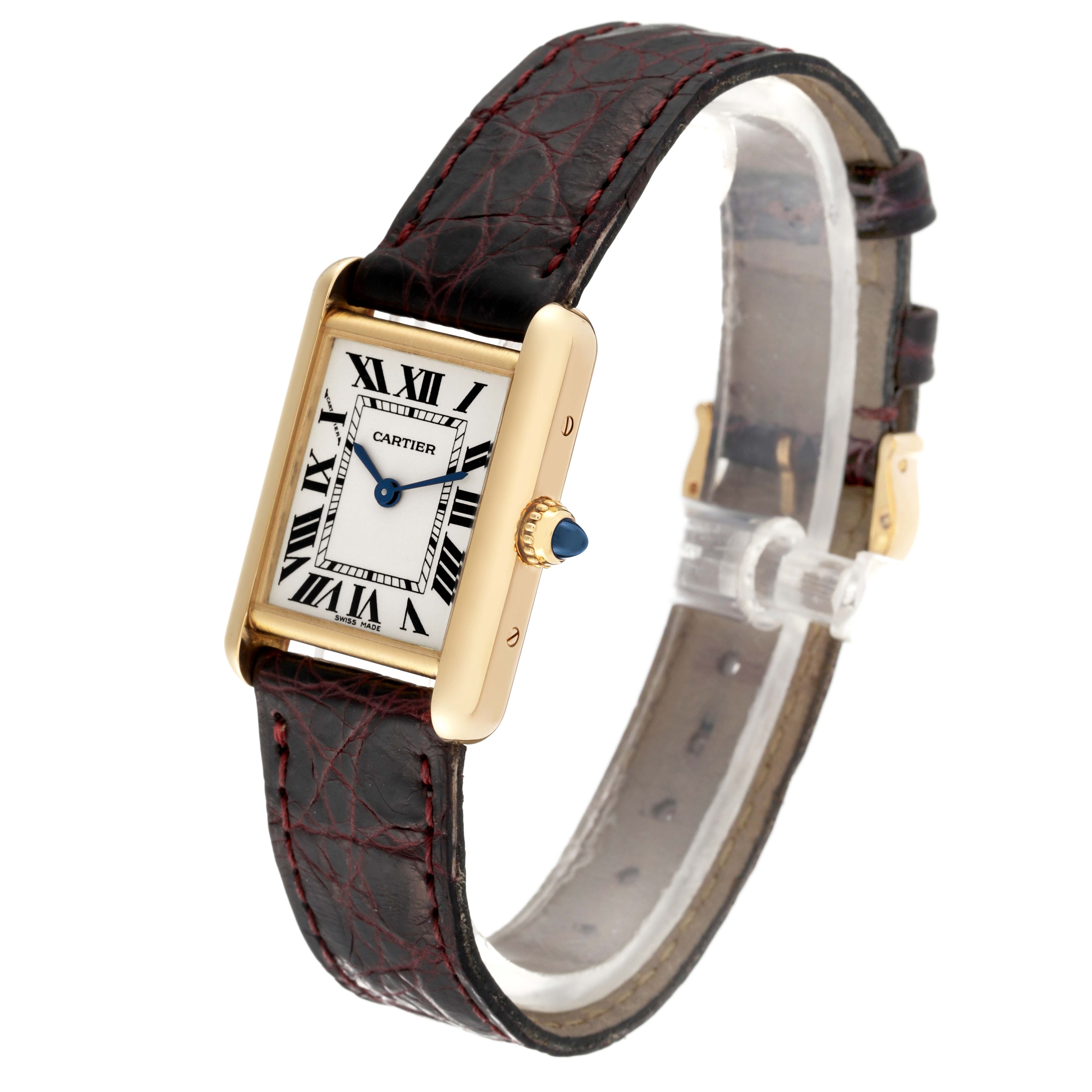 The image shows a Cartier Tank Louis W1529856 Women's Yellow Gold Silver Dial W1529856 Women's Yellow Gold Silver Dial watch at an angled side view, highlighting its face, strap, and crown.