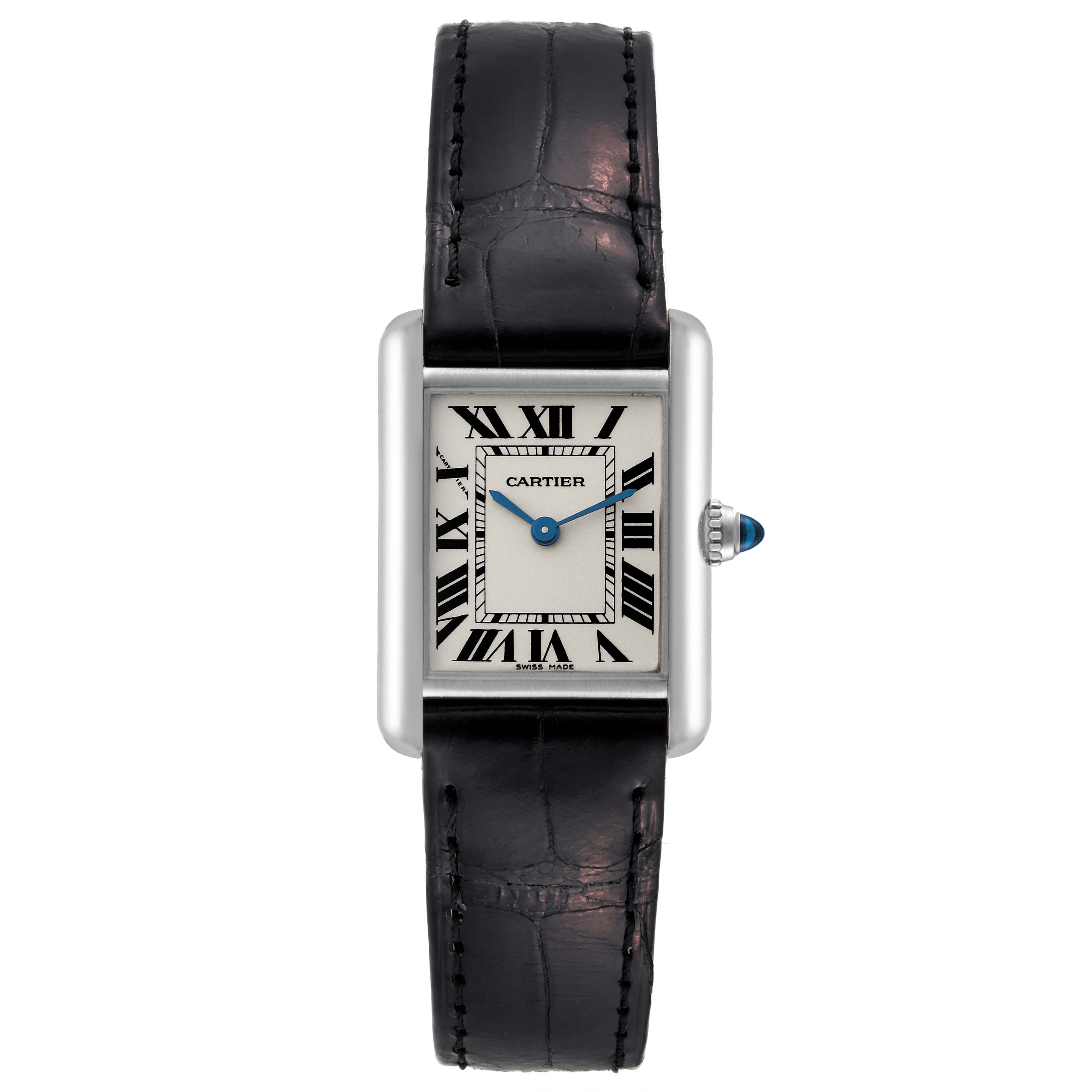 This image shows a frontal view of the Cartier Tank Louis W1541056 Women's White Gold Silver Dial W1541056 Women's White Gold Silver Dial watch, highlighting its face, Roman numeral hour markers, and black leather strap.