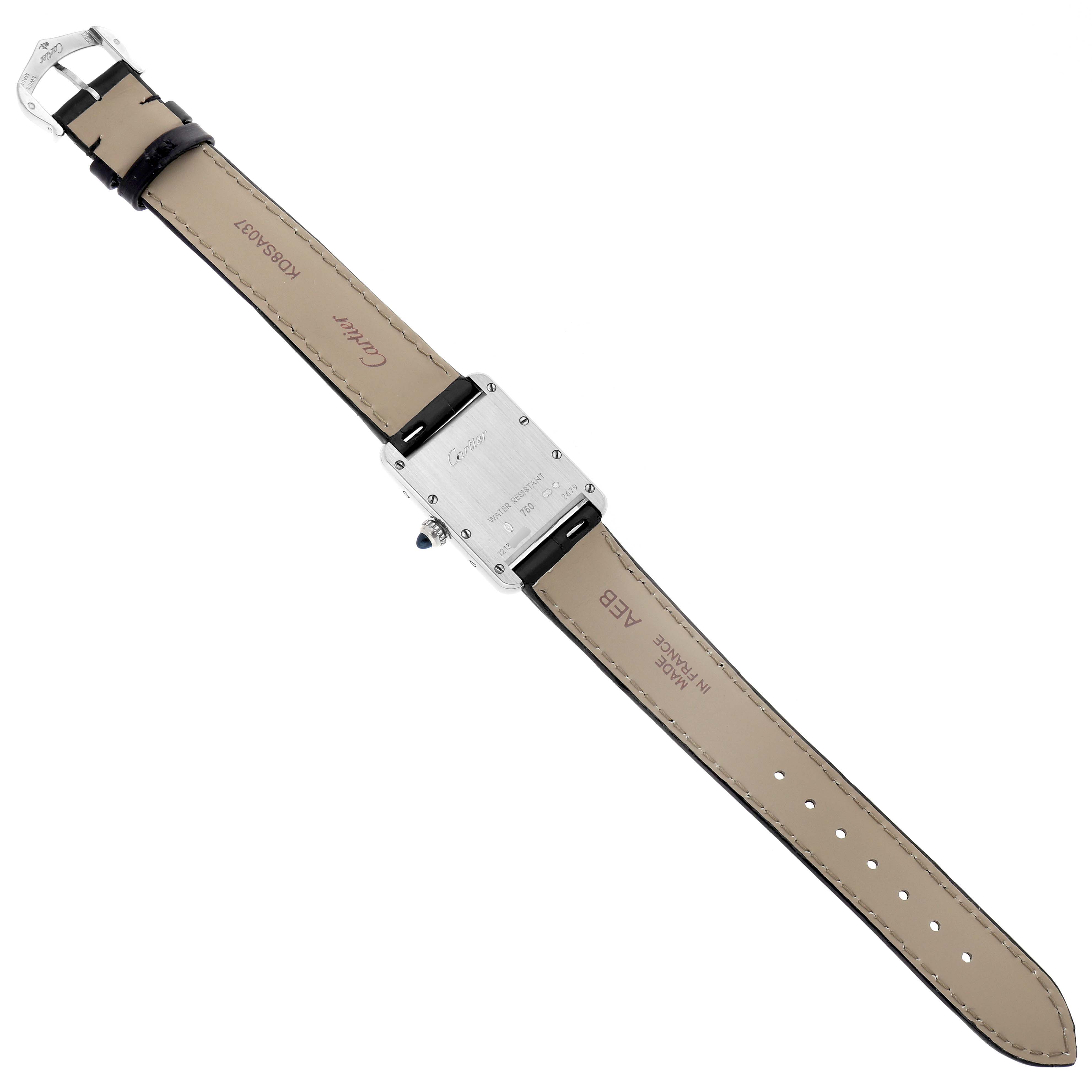 The image shows the back view of a Cartier Tank Louis W1541056 Women's White Gold Silver Dial W1541056 Women's White Gold Silver Dial watch, displaying the case back and leather strap.