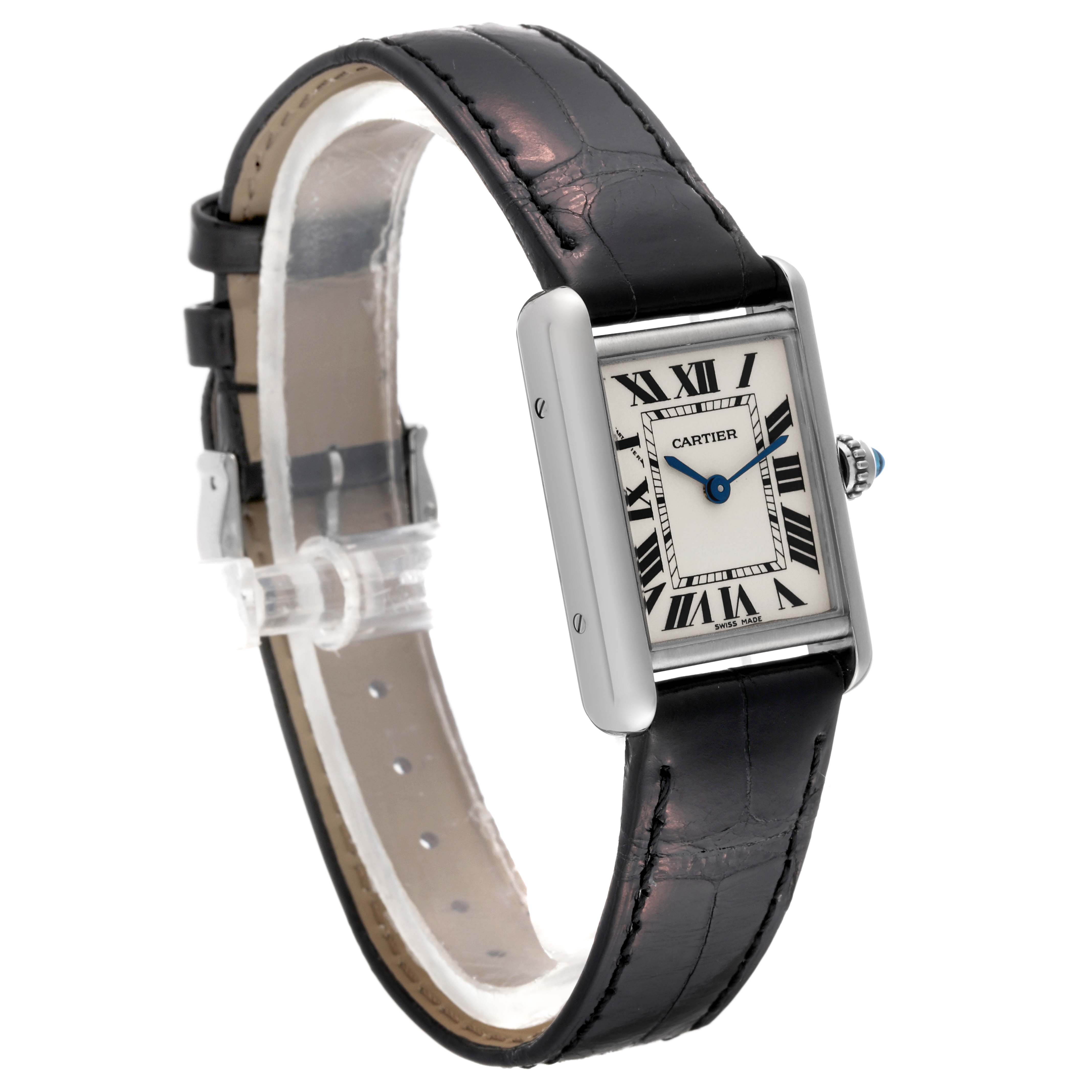 This image shows a front-side angled view of the Cartier Tank Louis W1541056 Women's White Gold Silver Dial W1541056 Women's White Gold Silver Dial watch, highlighting its face and leather strap.