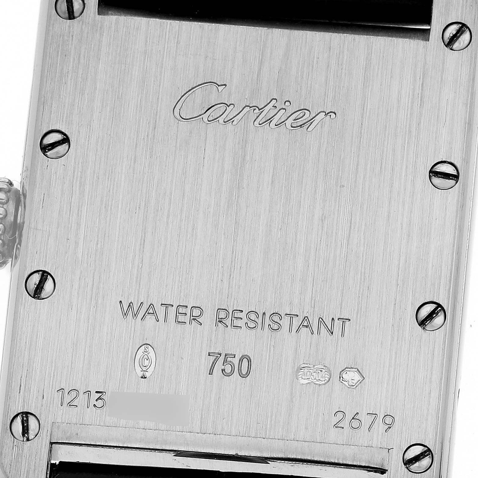 The image shows the back case of a Cartier Tank Louis W1541056 Women's White Gold Silver Dial W1541056 Women's White Gold Silver Dial watch featuring engravings and screws.