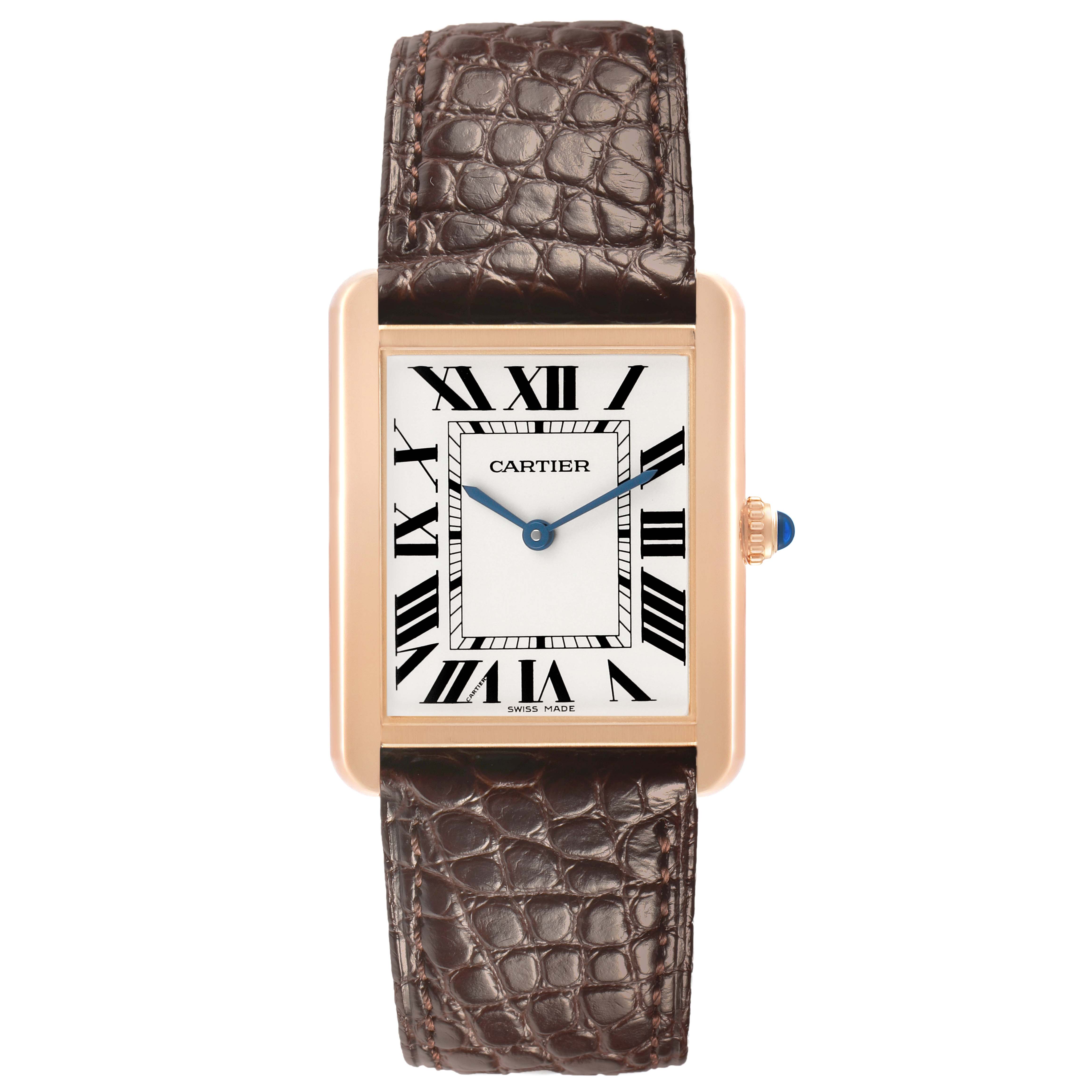 The Cartier Tank Solo W5200025 Men's Rose Gold Silver Dial watch is shown from the front, highlighting the face, Roman numerals, and brown leather strap.