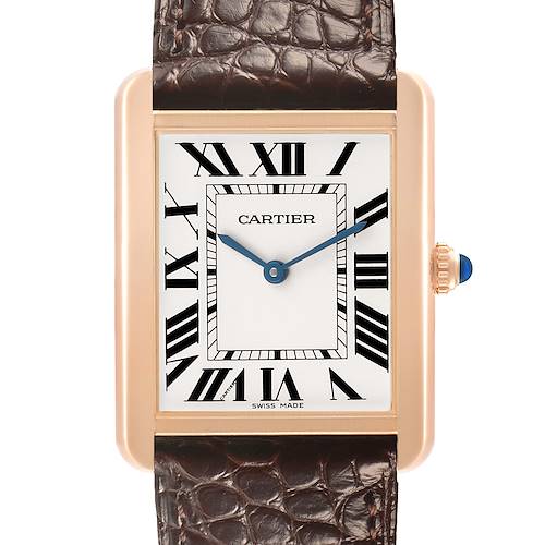 The Cartier Tank Solo W5200025 Men's Rose Gold Silver Dial watch is shown from a front angle, displaying the face, case, crown, and leather strap.