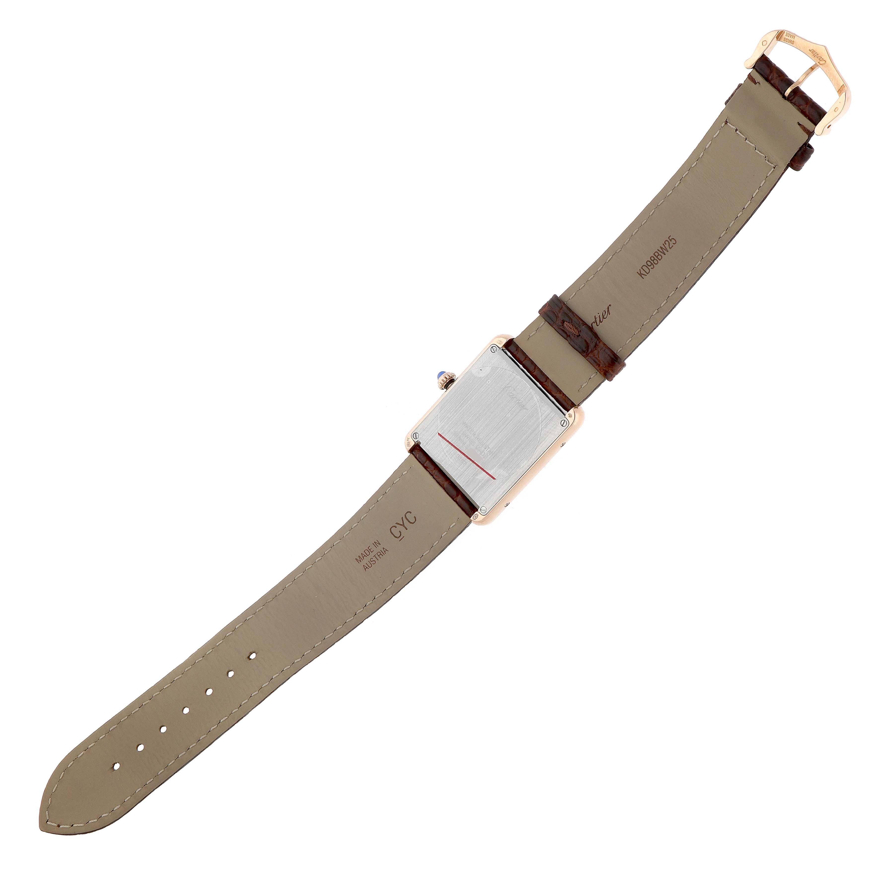 The image shows the back view of a Cartier Tank Solo W5200025 Men's Rose Gold Silver Dial watch, displaying the case back and full leather strap.