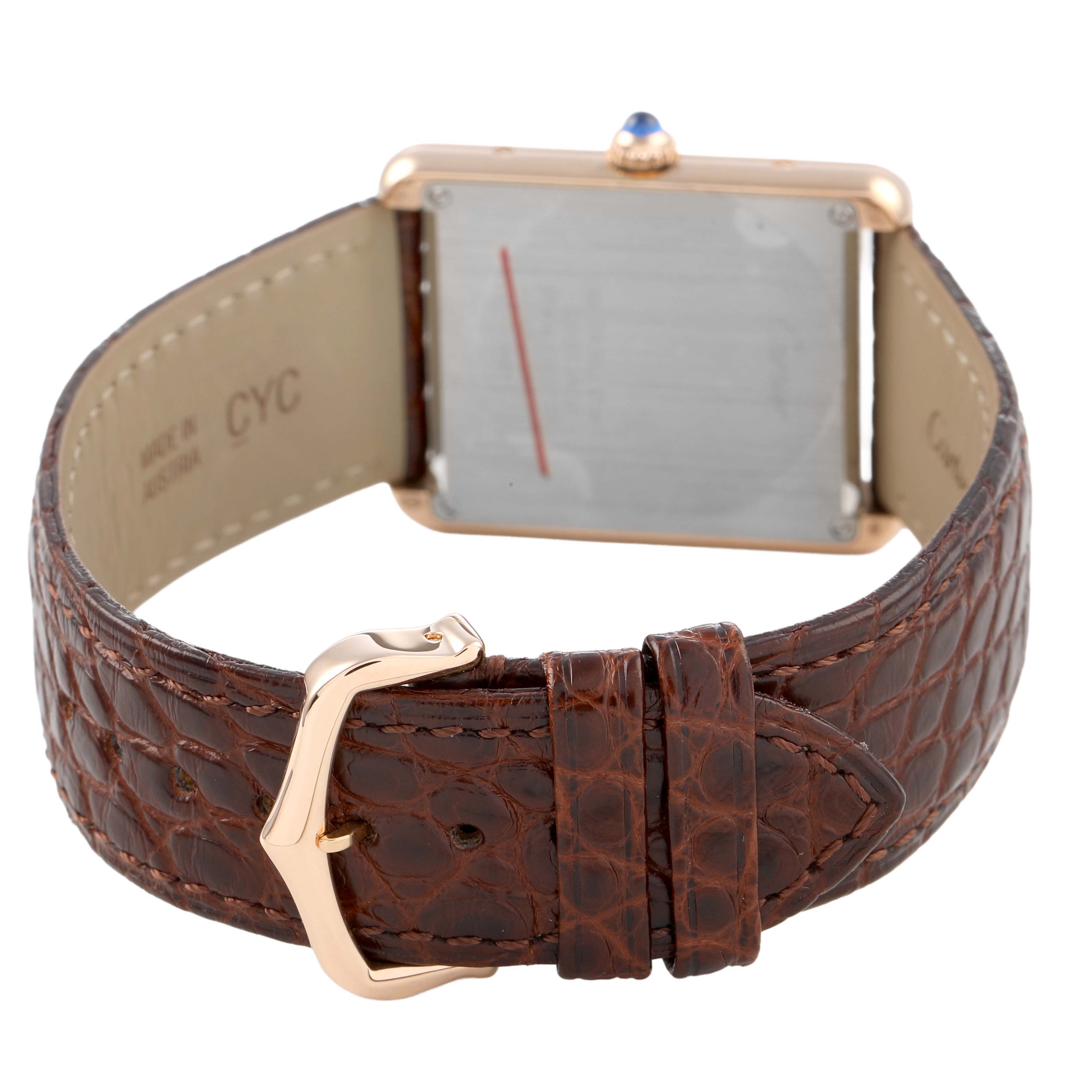 The image shows the back and side of the Cartier Tank Solo W5200025 Men's Rose Gold Silver Dial watch, highlighting its strap, buckle, and caseback.