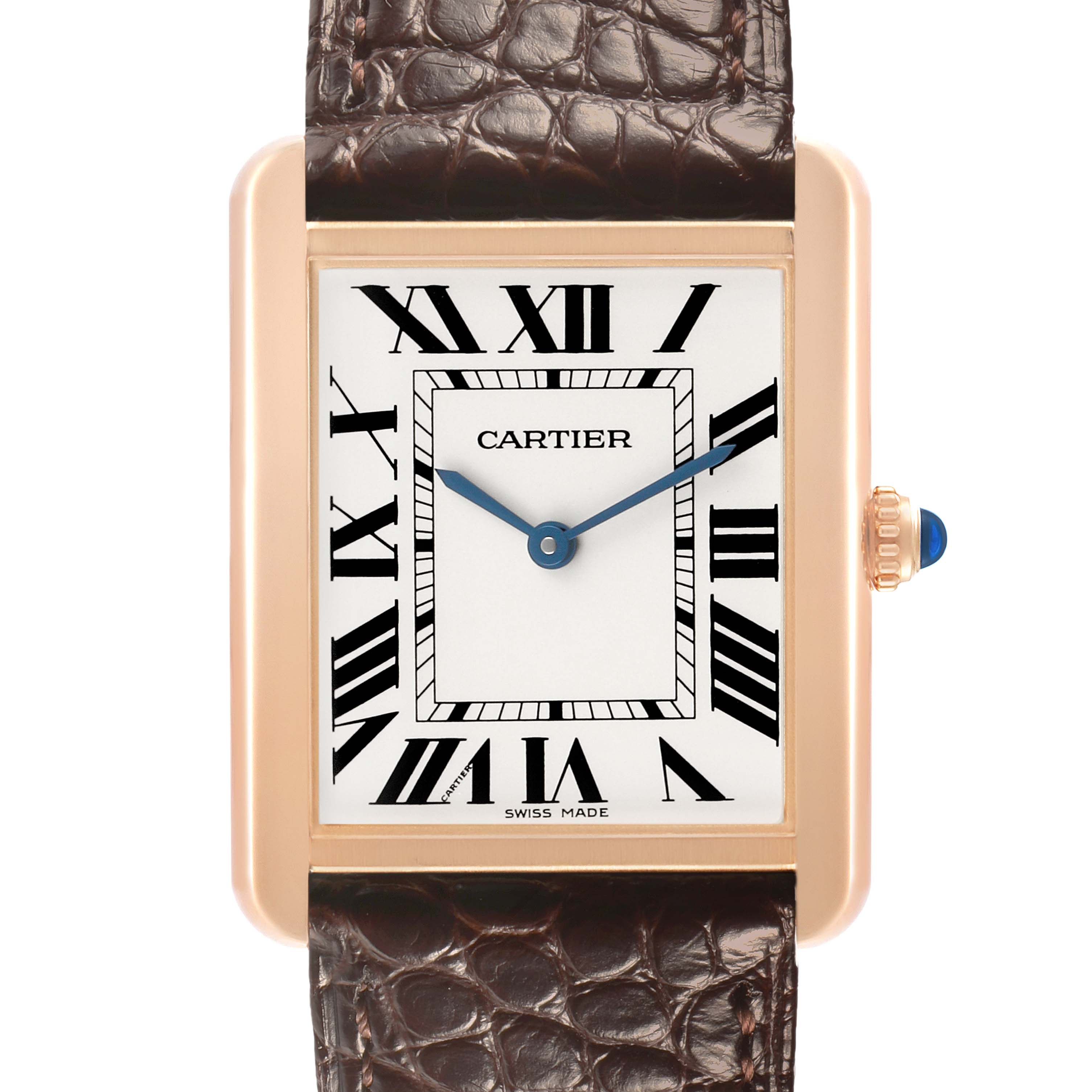 The Cartier Tank Solo W5200025 Men's Rose Gold Silver Dial watch is shown from the front, highlighting the dial, Roman numerals, and leather strap.