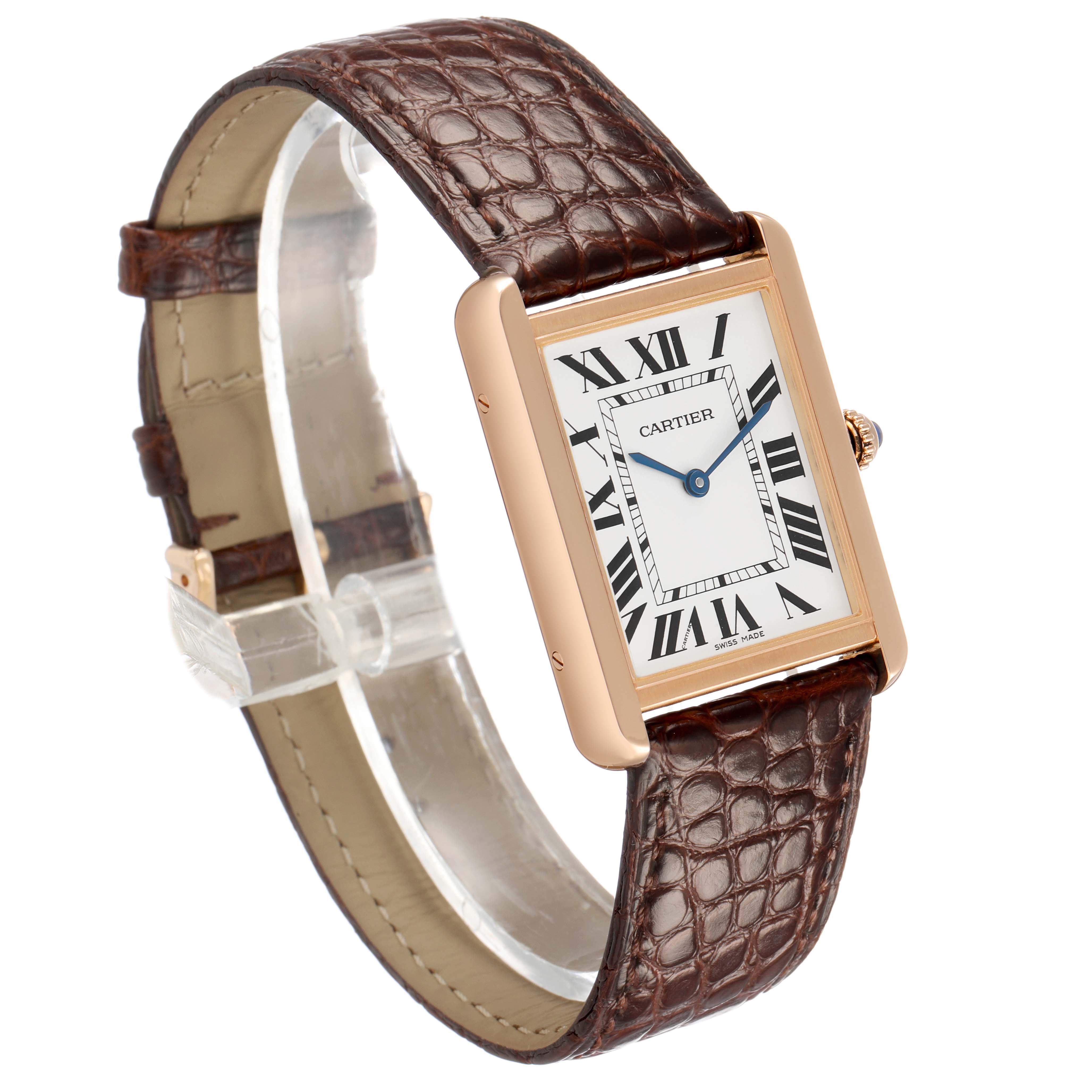 The Cartier Tank Solo W5200025 Men's Rose Gold Silver Dial watch is shown at a three-quarter angle, highlighting its rectangular face and brown leather strap.