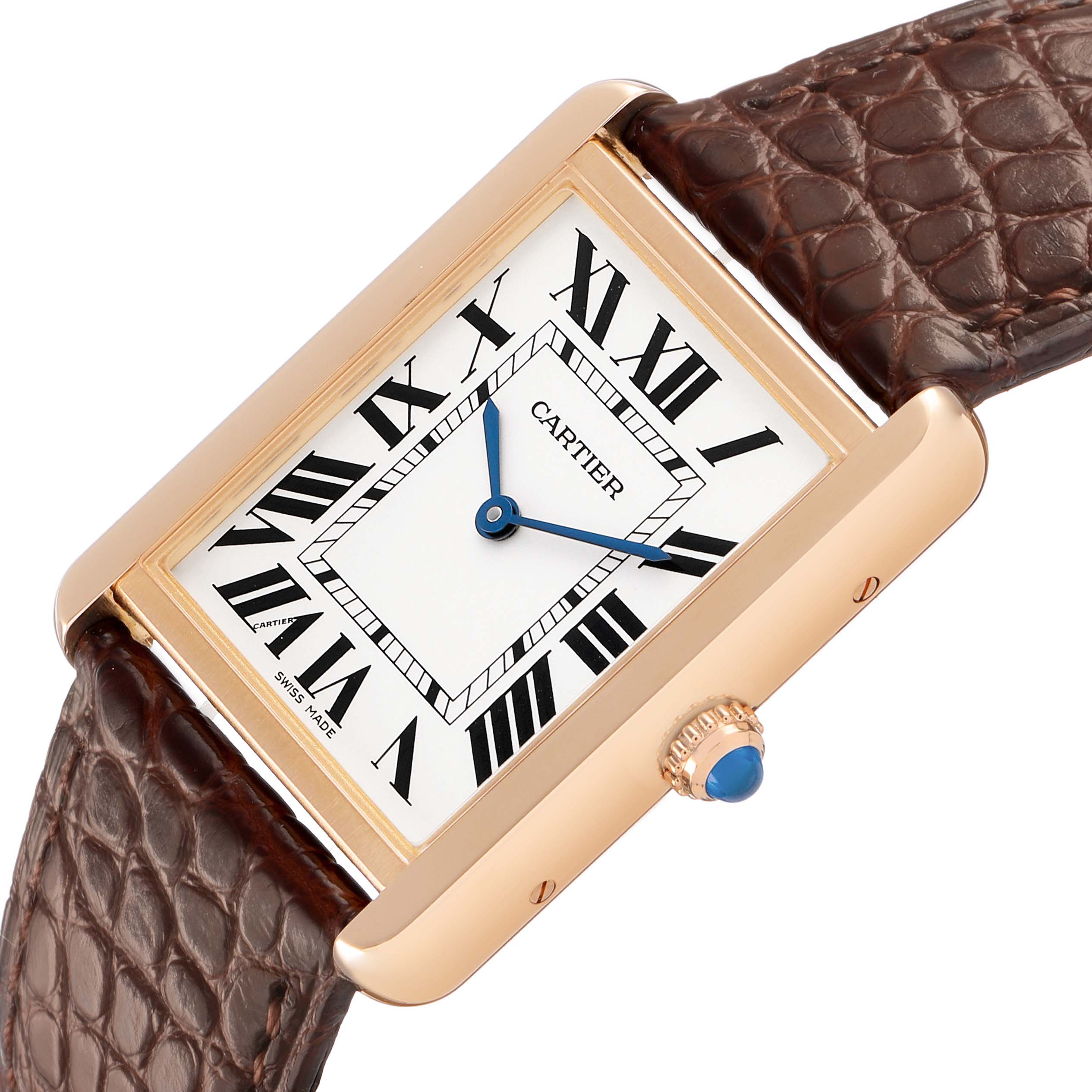 The Cartier Tank Solo W5200025 Men's Rose Gold Silver Dial watch is shown at a slight angle, highlighting its gold case, Roman numerals, blue hands, and brown leather strap.