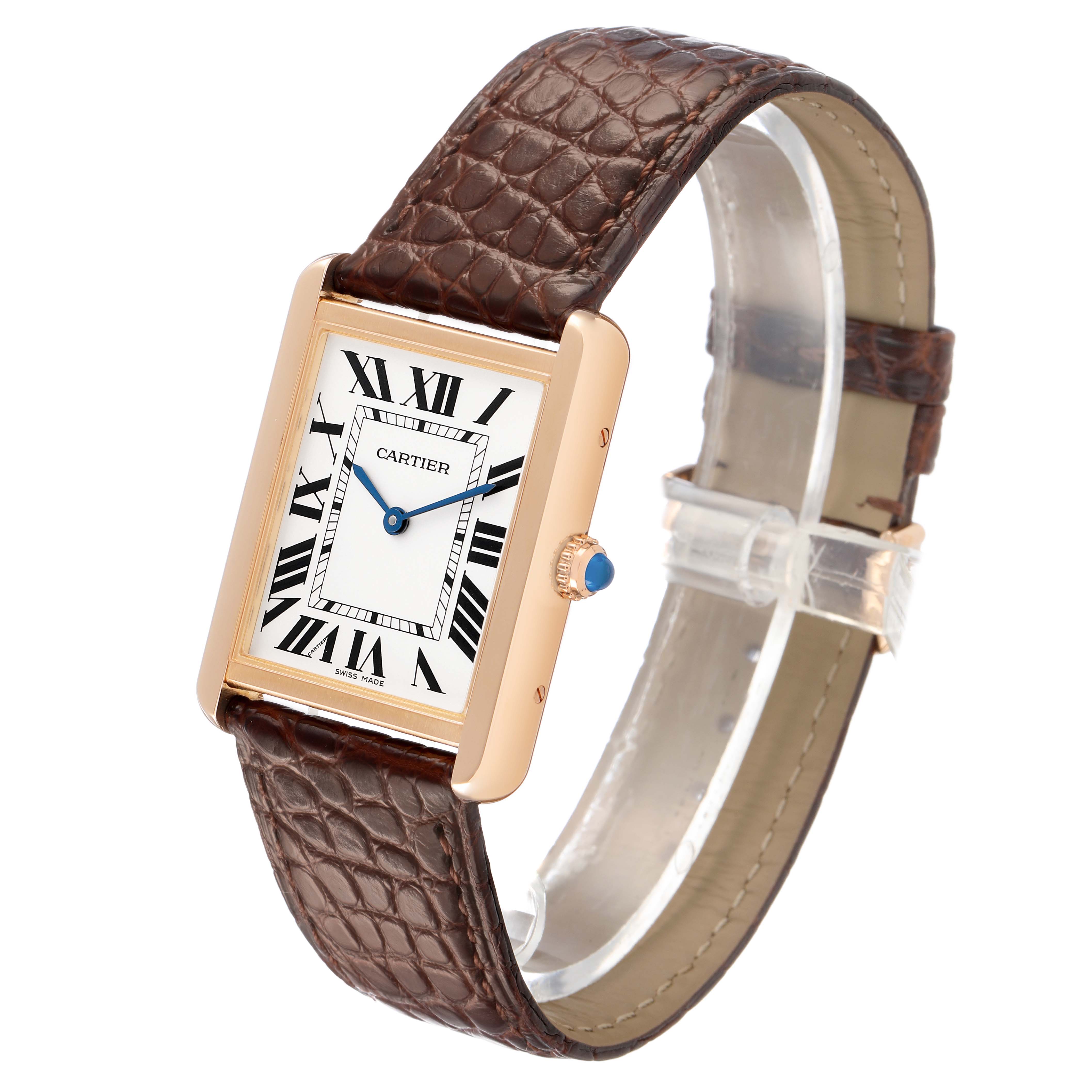 The Cartier Tank Solo W5200025 Men's Rose Gold Silver Dial watch is shown from a front angle, highlighting its square case, Roman numeral dial, and leather strap.