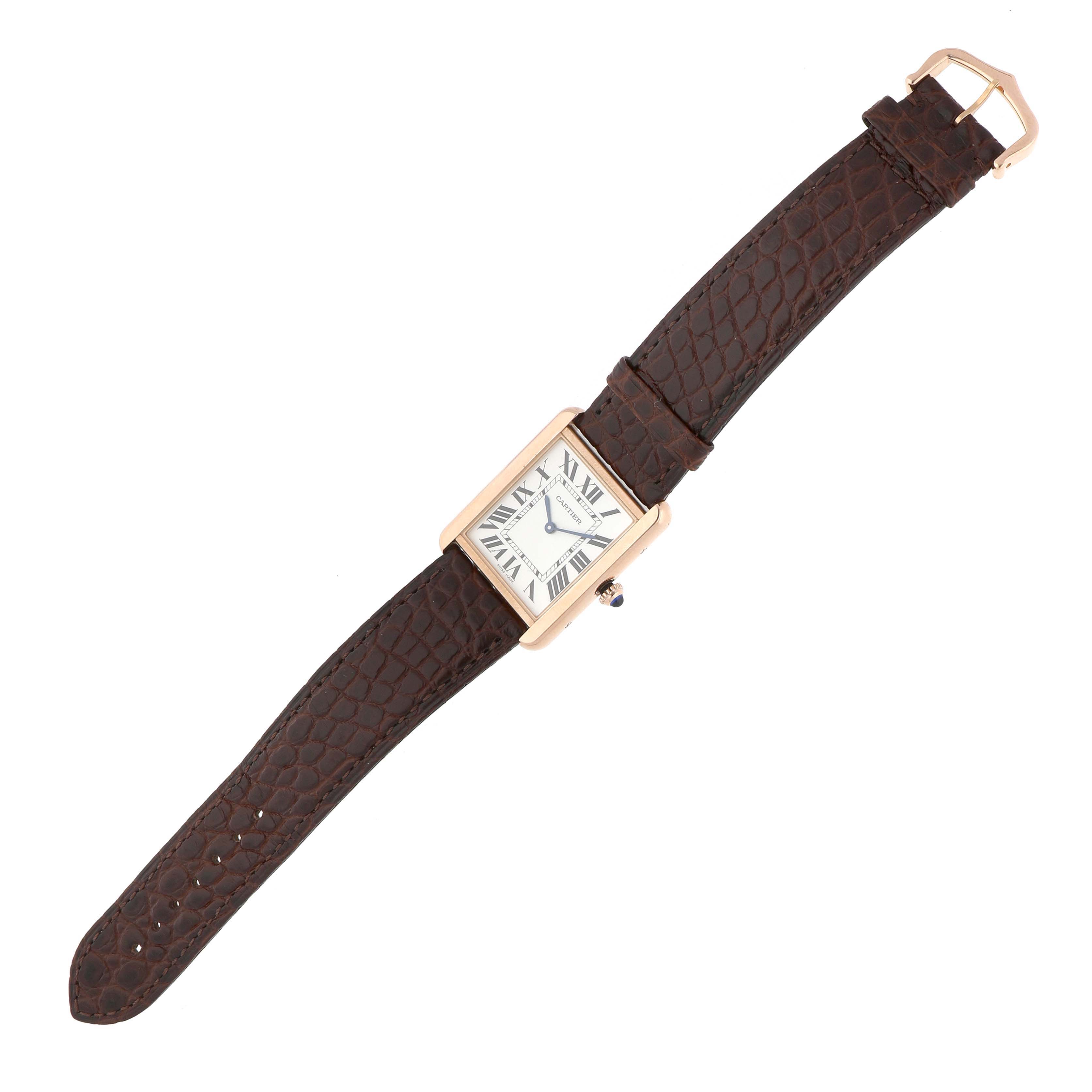 The Cartier Tank Solo W5200025 Men's Rose Gold Silver Dial watch is shown from a top view, displaying its rectangular case and brown leather strap.