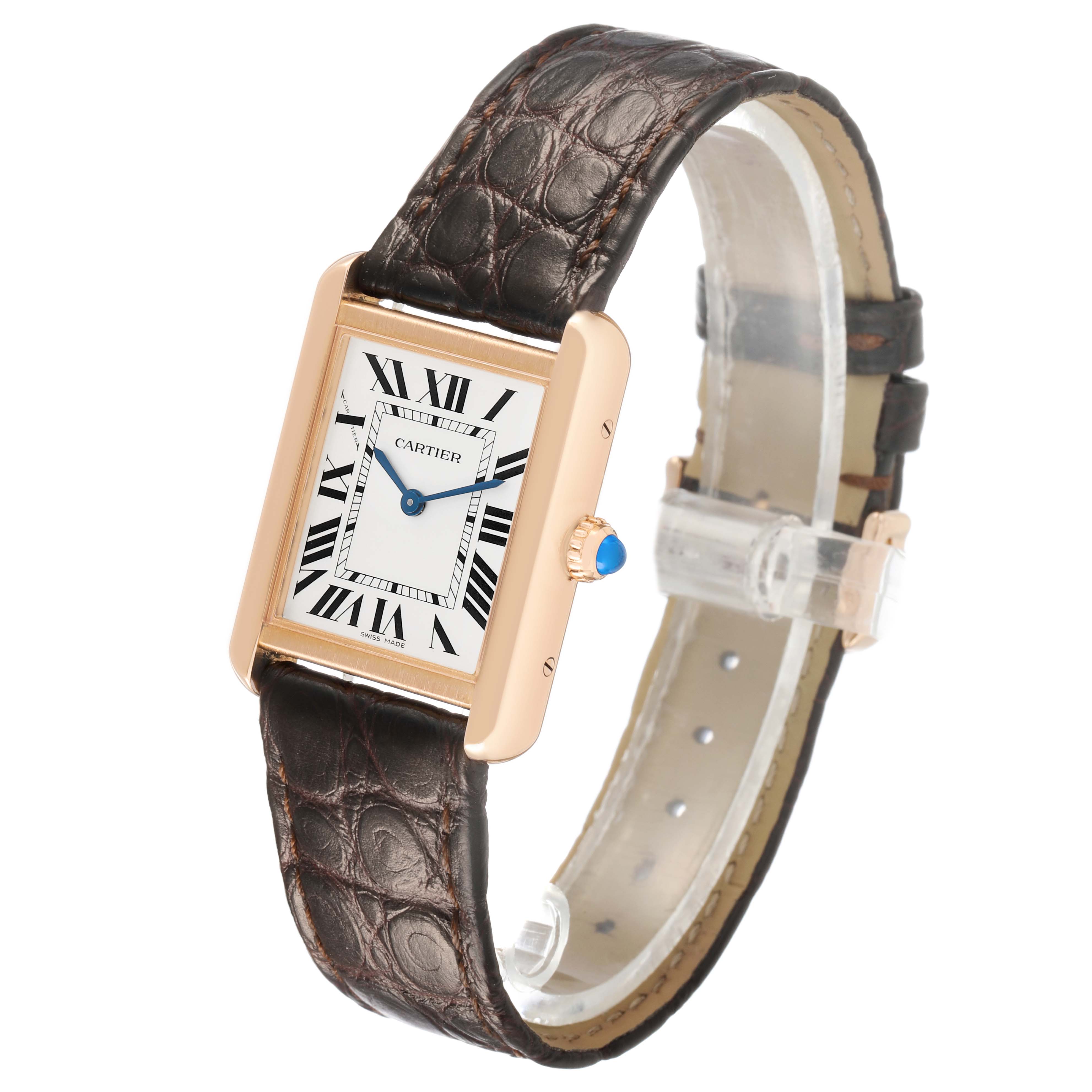 The Cartier Tank Solo W5200024 Women's Steel and Gold (two tone) Silver Dial watch is shown at a three-quarter angle, displaying its face, side, leather strap, and crown.
