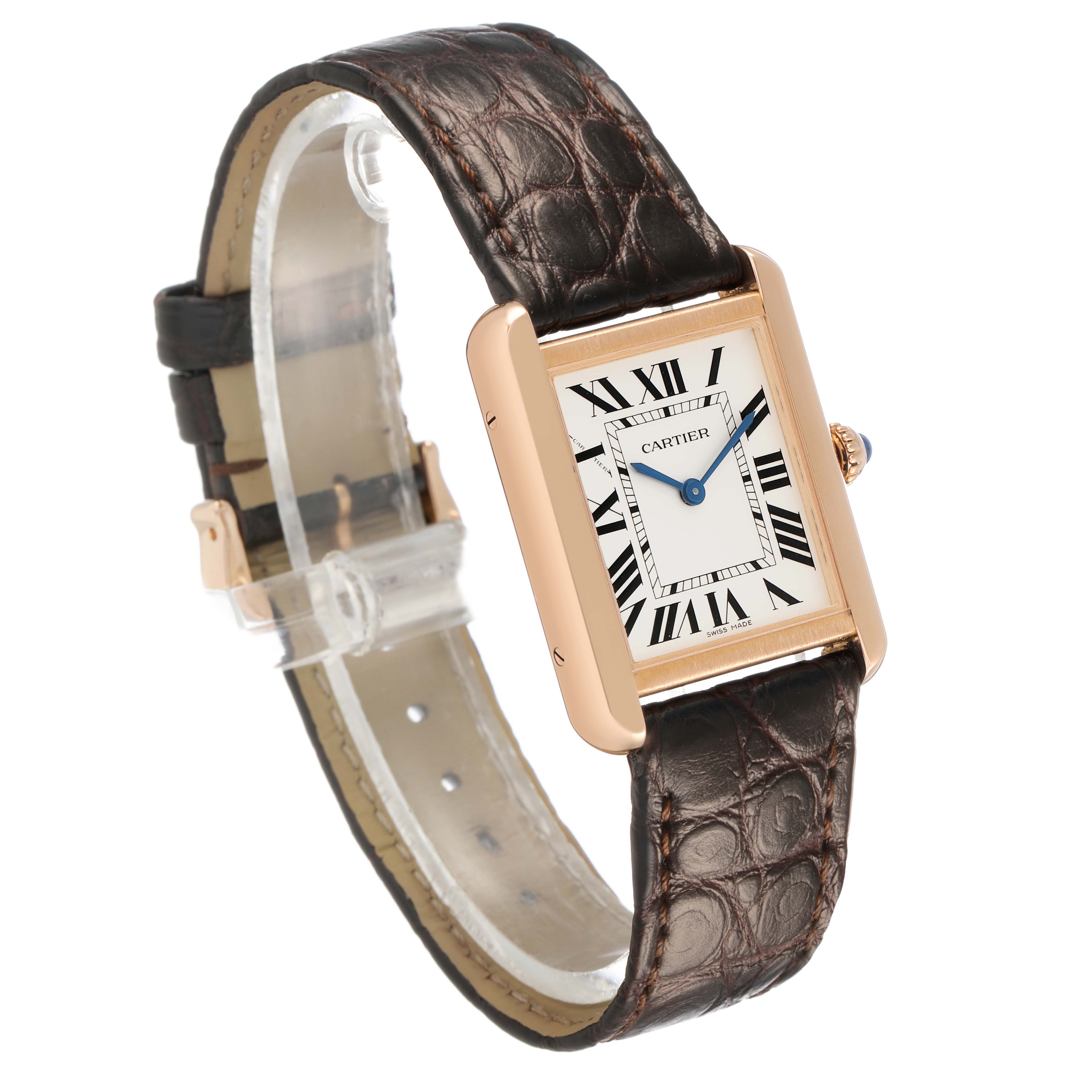 The Cartier Tank Solo W5200024 Women's Steel and Gold (two tone) Silver Dial watch is shown at a three-quarter angle, highlighting the rectangular case, Roman numeral dial, and leather strap.