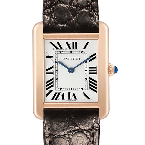 The Cartier Tank Solo W5200024 Women's Steel and Gold (two tone) Silver Dial watch is shown from the front, showcasing its dial, case, strap, and crown.