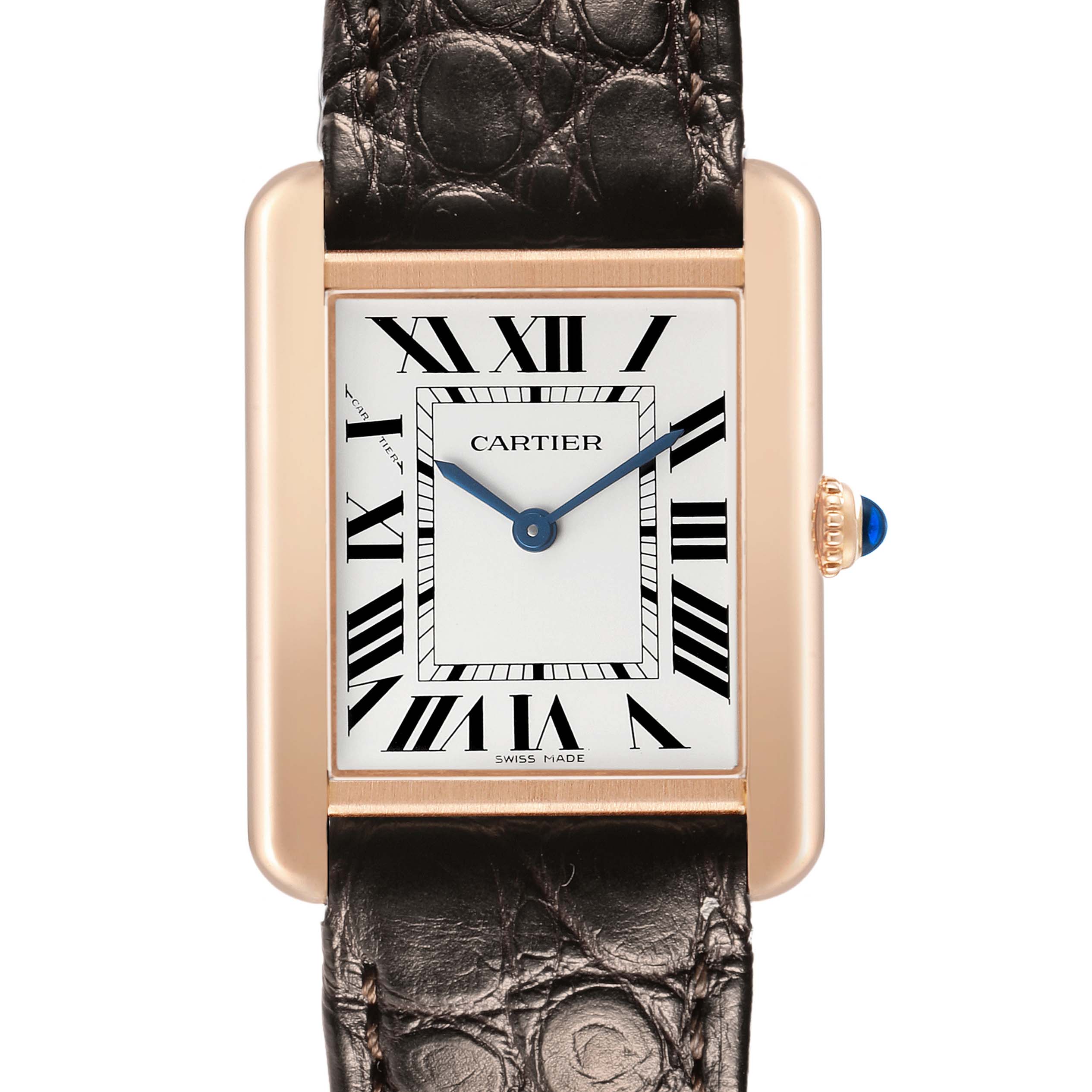 The Cartier Tank Solo W5200024 Women's Steel and Gold (two tone) Silver Dial watch is shown from the front, displaying the dial, Roman numerals, hands, crown, and leather strap.