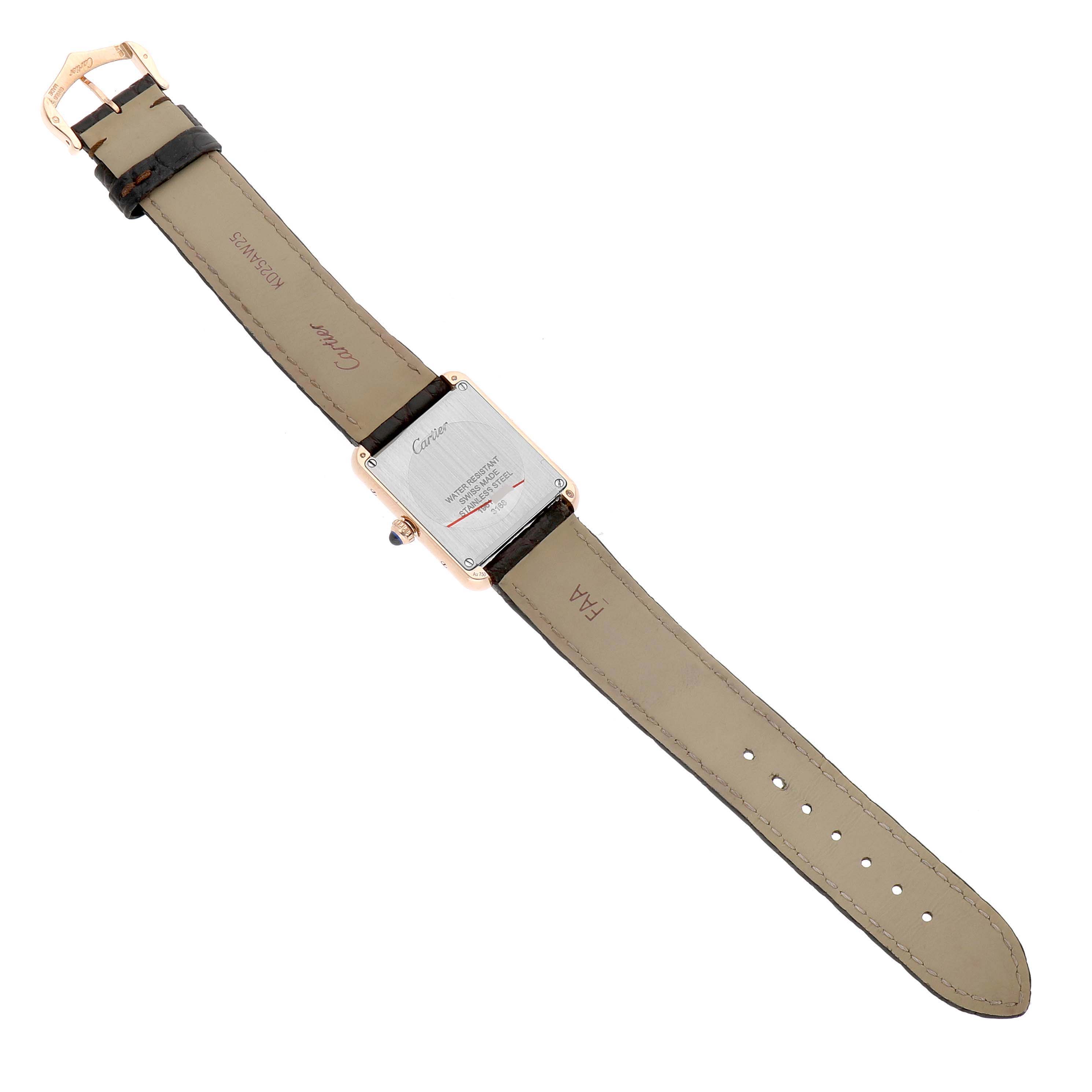 The Cartier Tank Solo W5200024 Women's Steel and Gold (two tone) Silver Dial watch is shown from the back, displaying the case back and leather strap with its buckle.