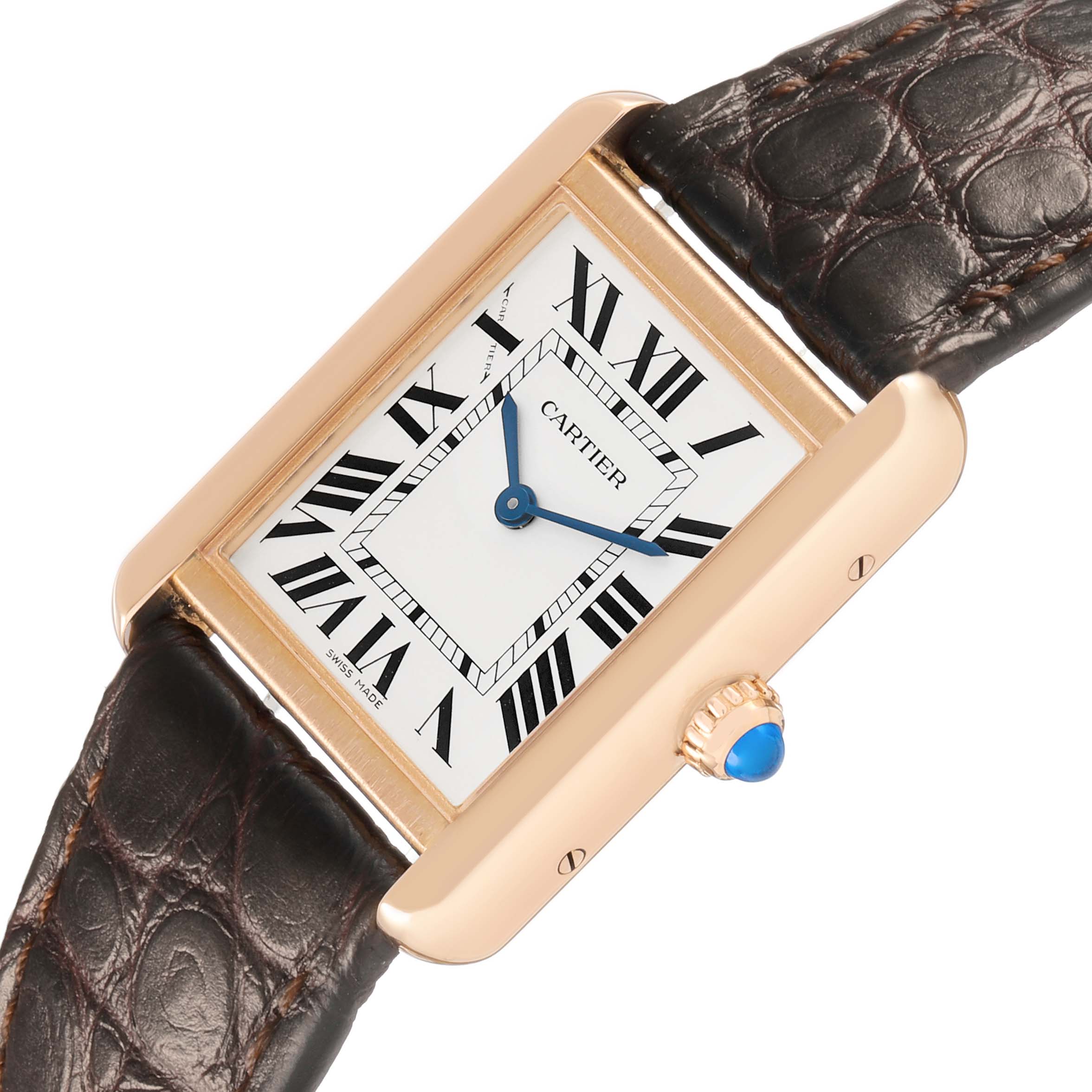 The Cartier Tank Solo W5200024 Women's Steel and Gold (two tone) Silver Dial watch is shown from a diagonal angle, highlighting the face, crown, and strap.