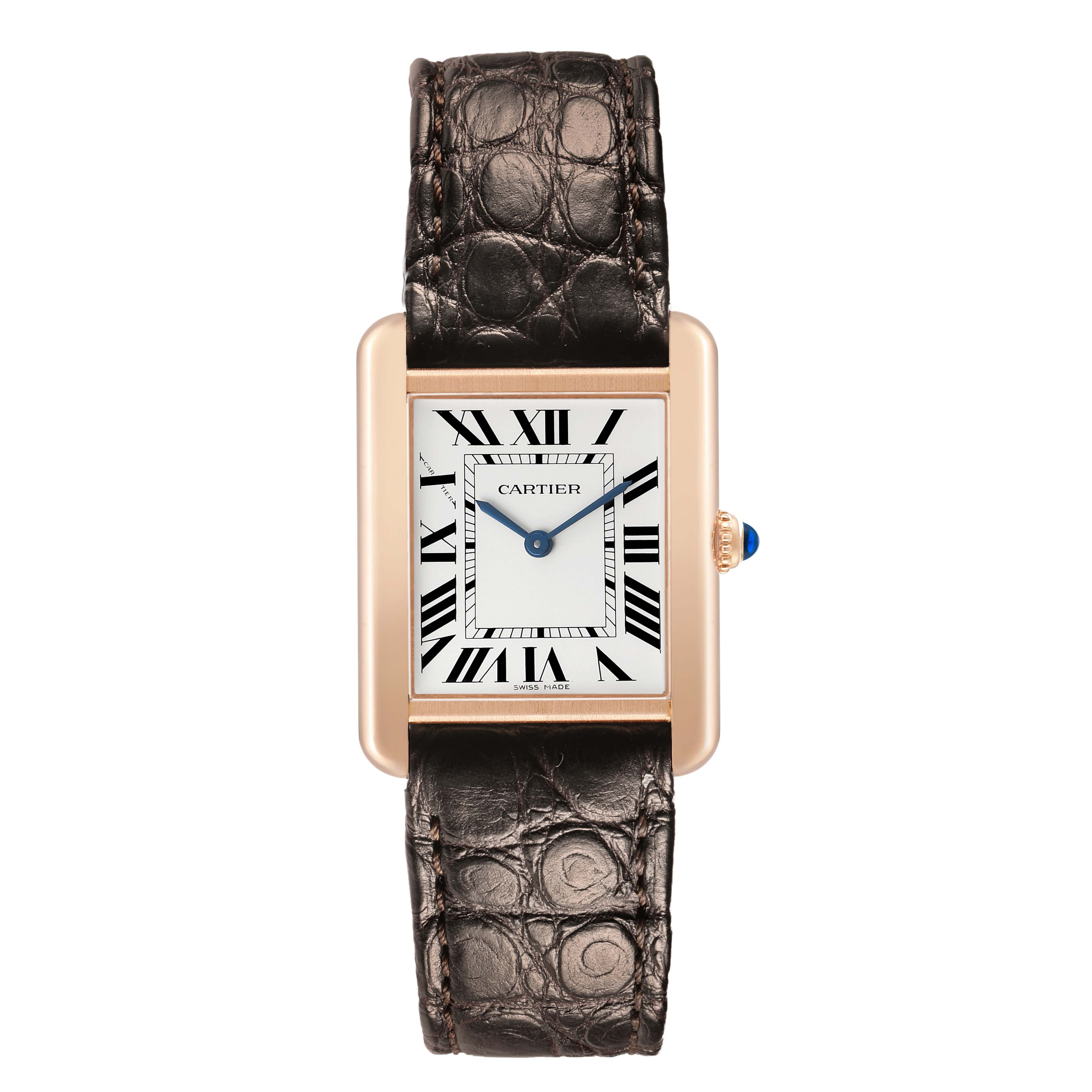 The Cartier Tank Solo W5200024 Women's Steel and Gold (two tone) Silver Dial watch is shown from a frontal angle, displaying its rectangular face and leather strap.