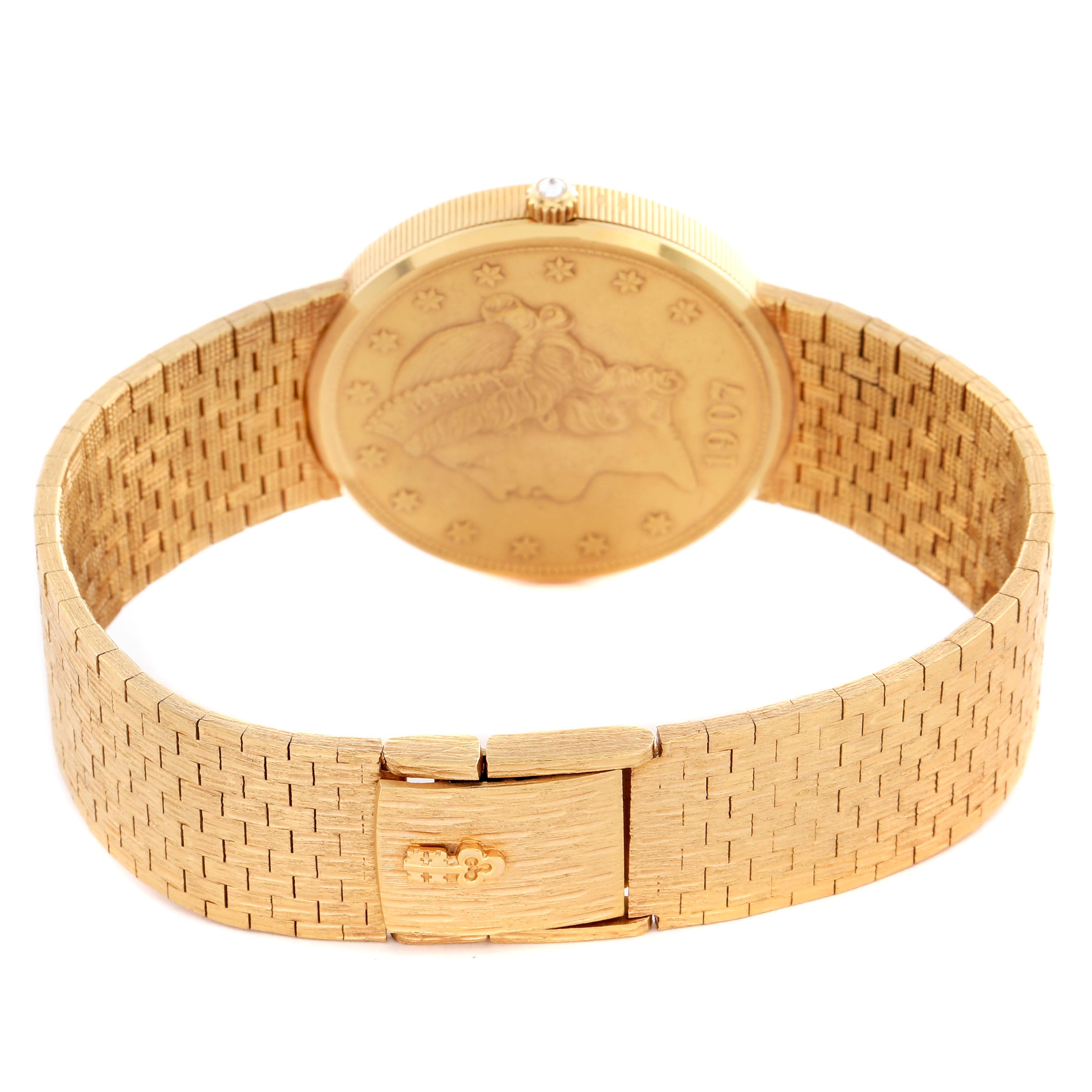 The Corum Coin Watch Men's Yellow Gold Champagne Dial Men's Yellow Gold Champagne Dial is shown from the back, highlighting the clasp and bracelet details.