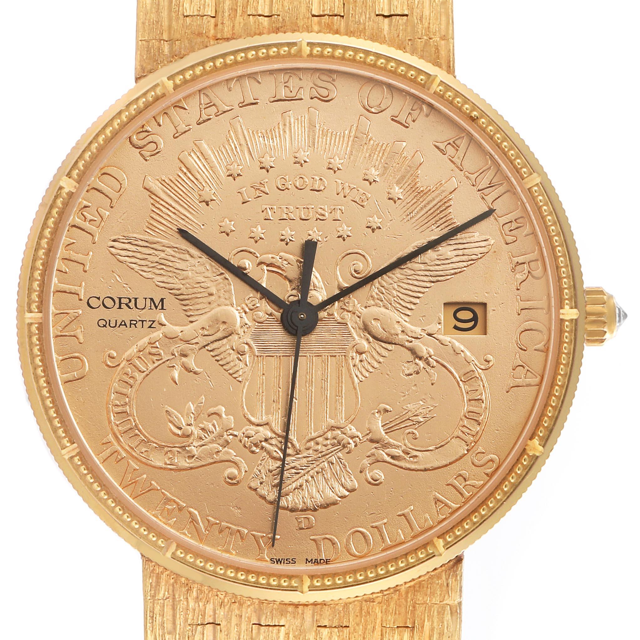 The Corum Coin Watch Men's Yellow Gold Champagne Dial Men's Yellow Gold Champagne Dial model is shown from a straight-on angle, displaying the detailed coin dial, hands, crown, and partial strap.