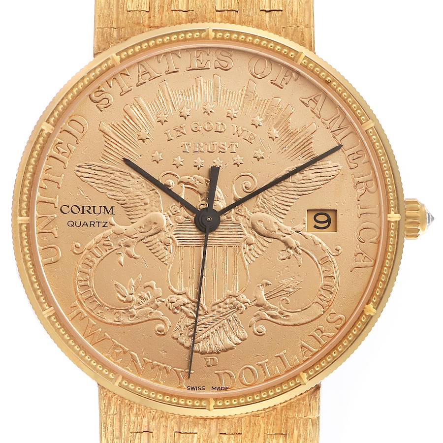 The Corum Coin Watch model is shown from a straight-on angle, displaying the detailed coin dial, hands, crown, and partial strap.