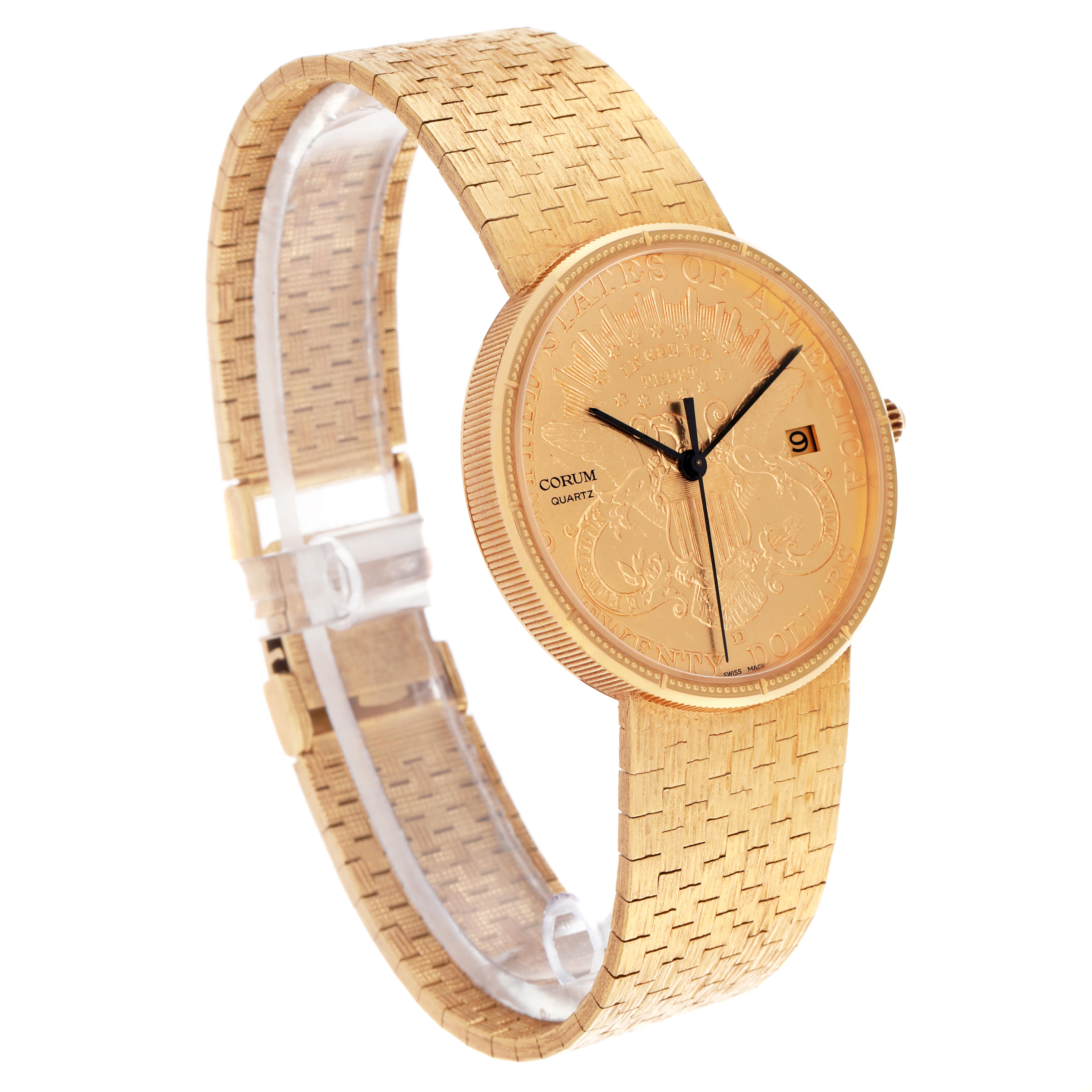 The Corum Coin Watch Men's Yellow Gold Champagne Dial Men's Yellow Gold Champagne Dial is shown from a three-quarter angle, highlighting its dial, bezel, and textured bracelet.