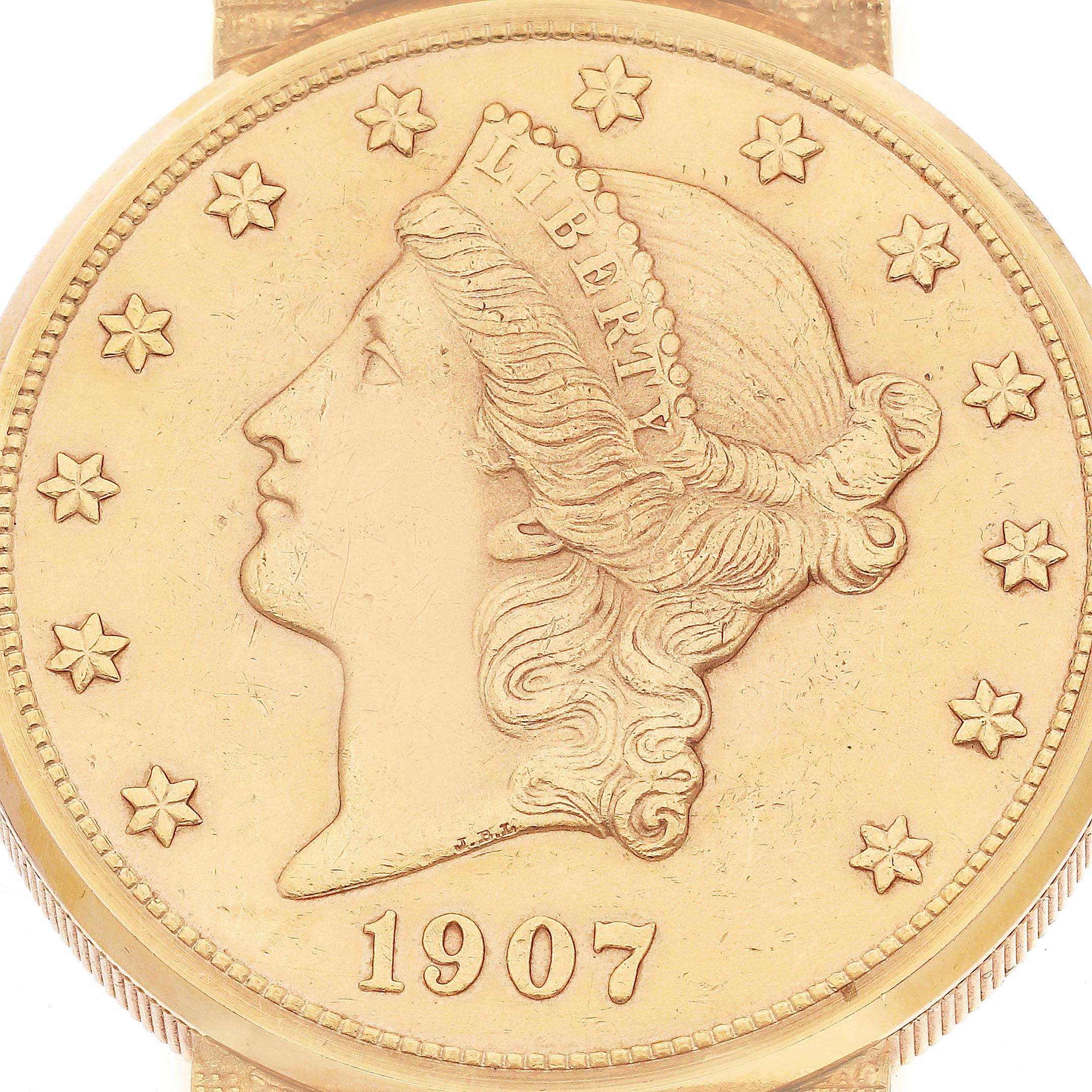 The image shows a close-up of the Corum Coin Watch Men's Yellow Gold Champagne Dial Men's Yellow Gold Champagne Dial face, featuring a 1907 coin design.