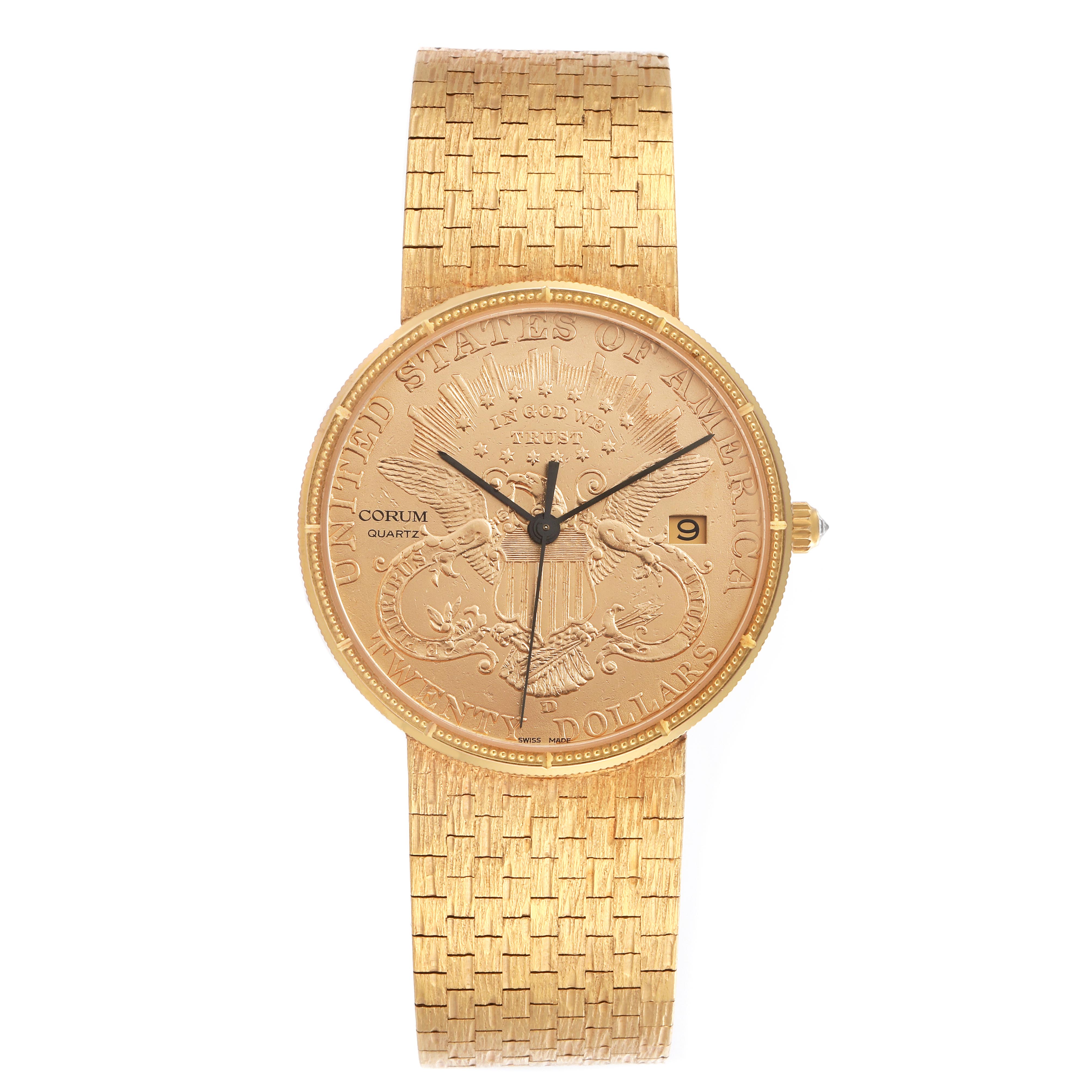 The Corum Coin Watch Men's Yellow Gold Champagne Dial Men's Yellow Gold Champagne Dial model is shown from a top-down angle, highlighting its coin-inspired face, gold bracelet, and date feature.