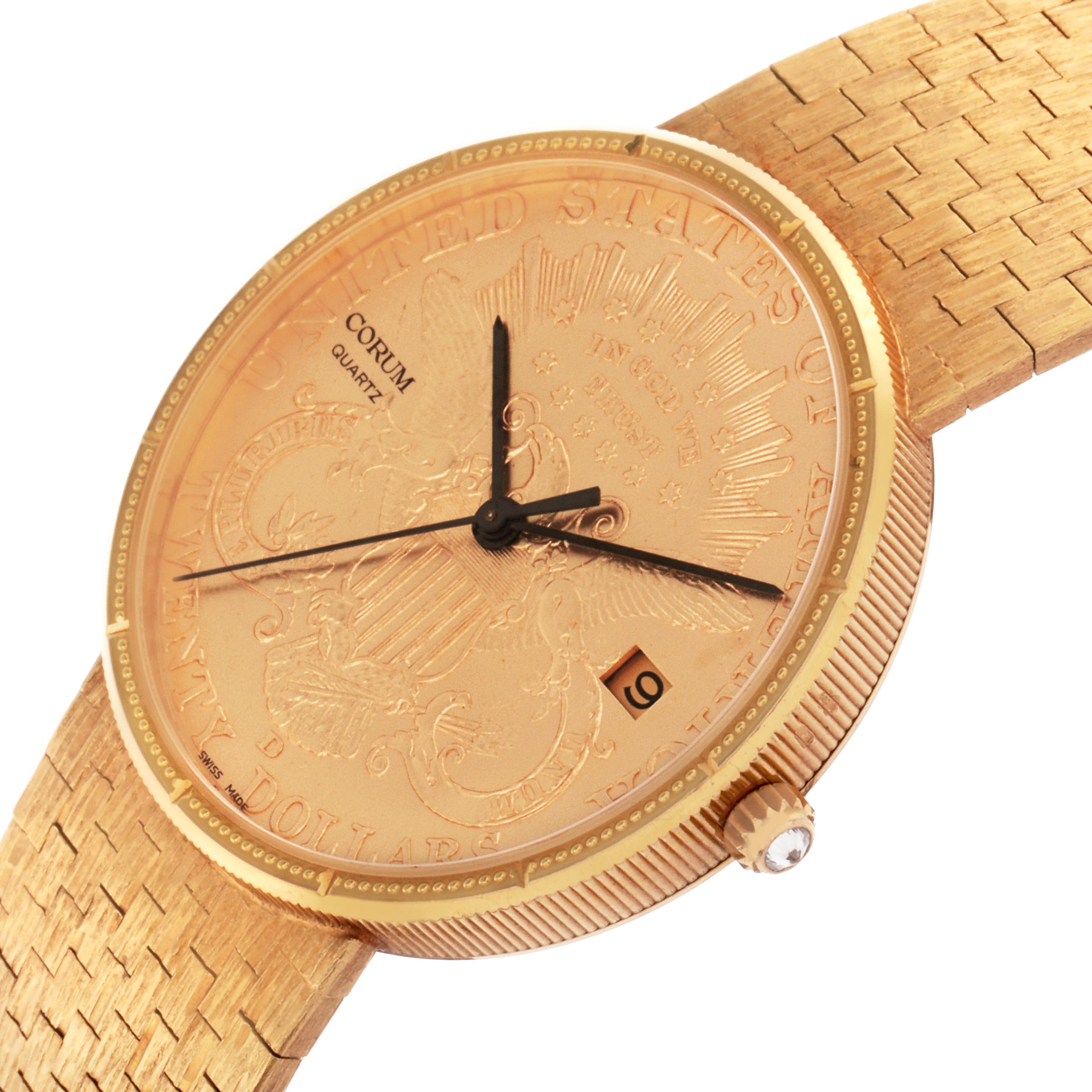 The Corum Coin Watch Men's Yellow Gold Champagne Dial Men's Yellow Gold Champagne Dial is shown at a slight side angle, highlighting the embossed dial, hands, crown, and textured band.