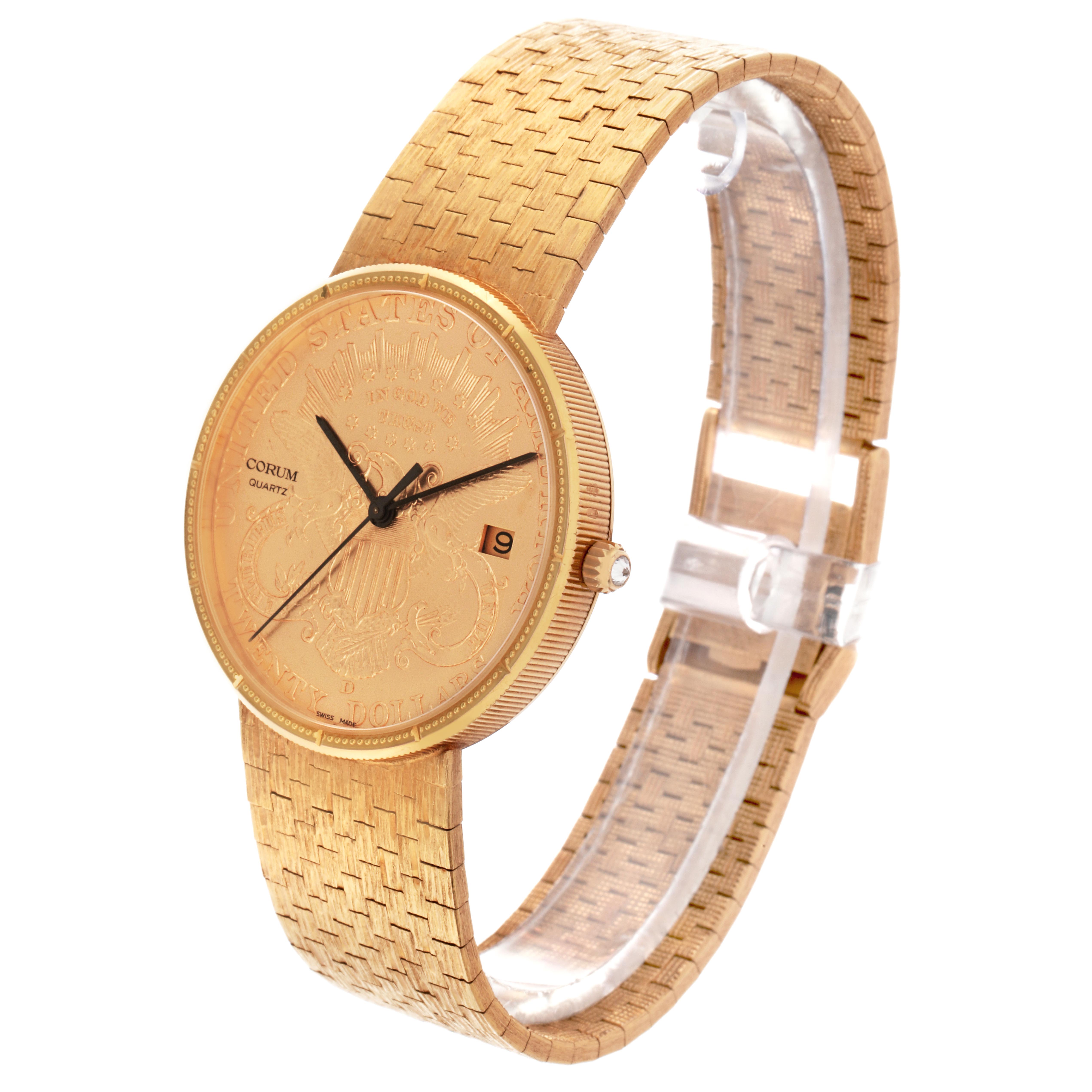 The Corum Coin Watch Men's Yellow Gold Champagne Dial Men's Yellow Gold Champagne Dial model is shown at a three-quarter angle, displaying its detailed gold-colored face and textured bracelet.