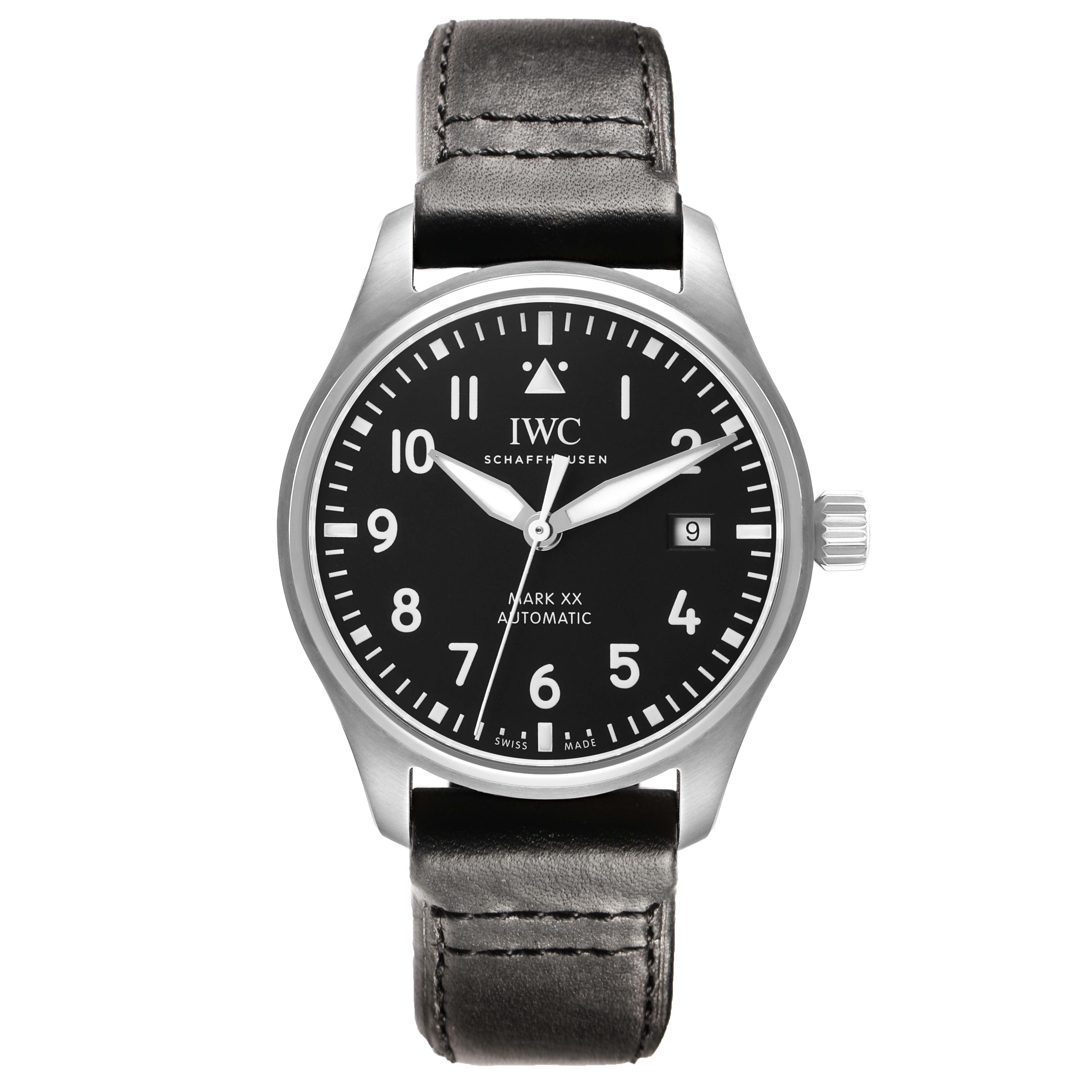 The IWC Pilot IW328201 Men's Stainless Steel Black Dial Mark XX watch is shown from a front angle, displaying the dial, case, and leather strap.