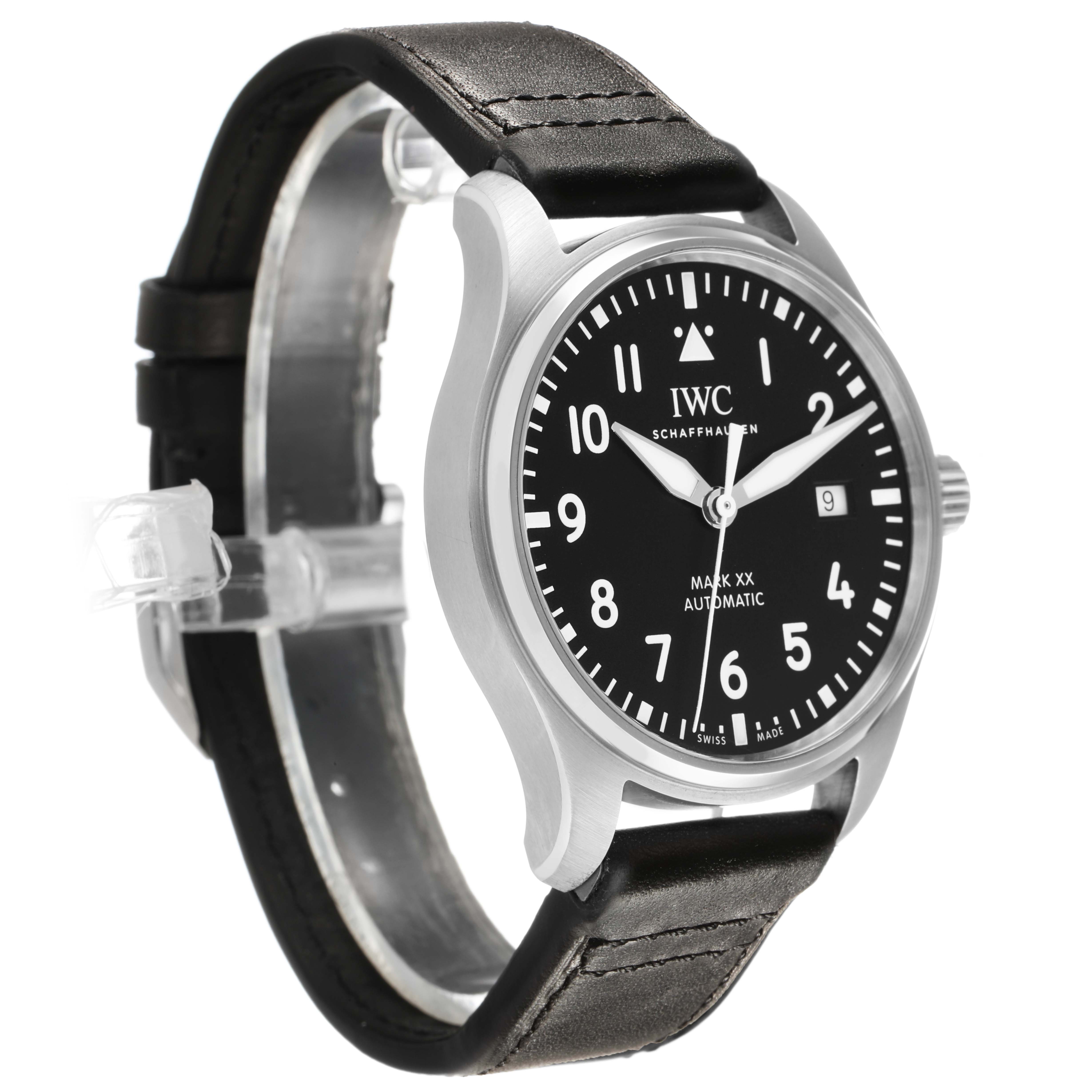 The IWC Pilot IW328201 Men's Stainless Steel Black Dial watch is shown at a three-quarter angle, highlighting the face, bezel, case, and leather strap.