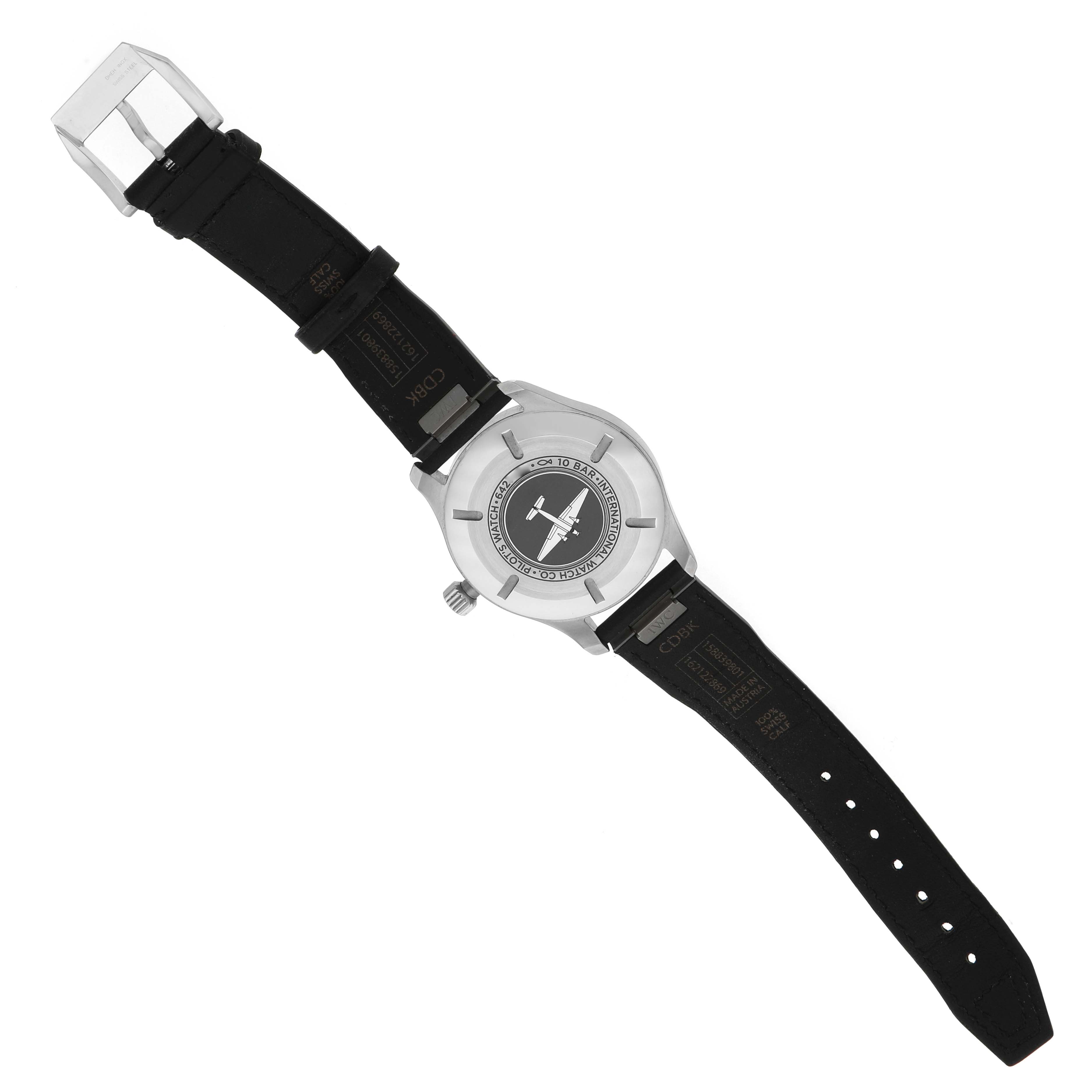 The IWC Pilot IW328201 Men's Stainless Steel Black Dial model watch is shown from the top view, displaying the face, hands, and leather strap.