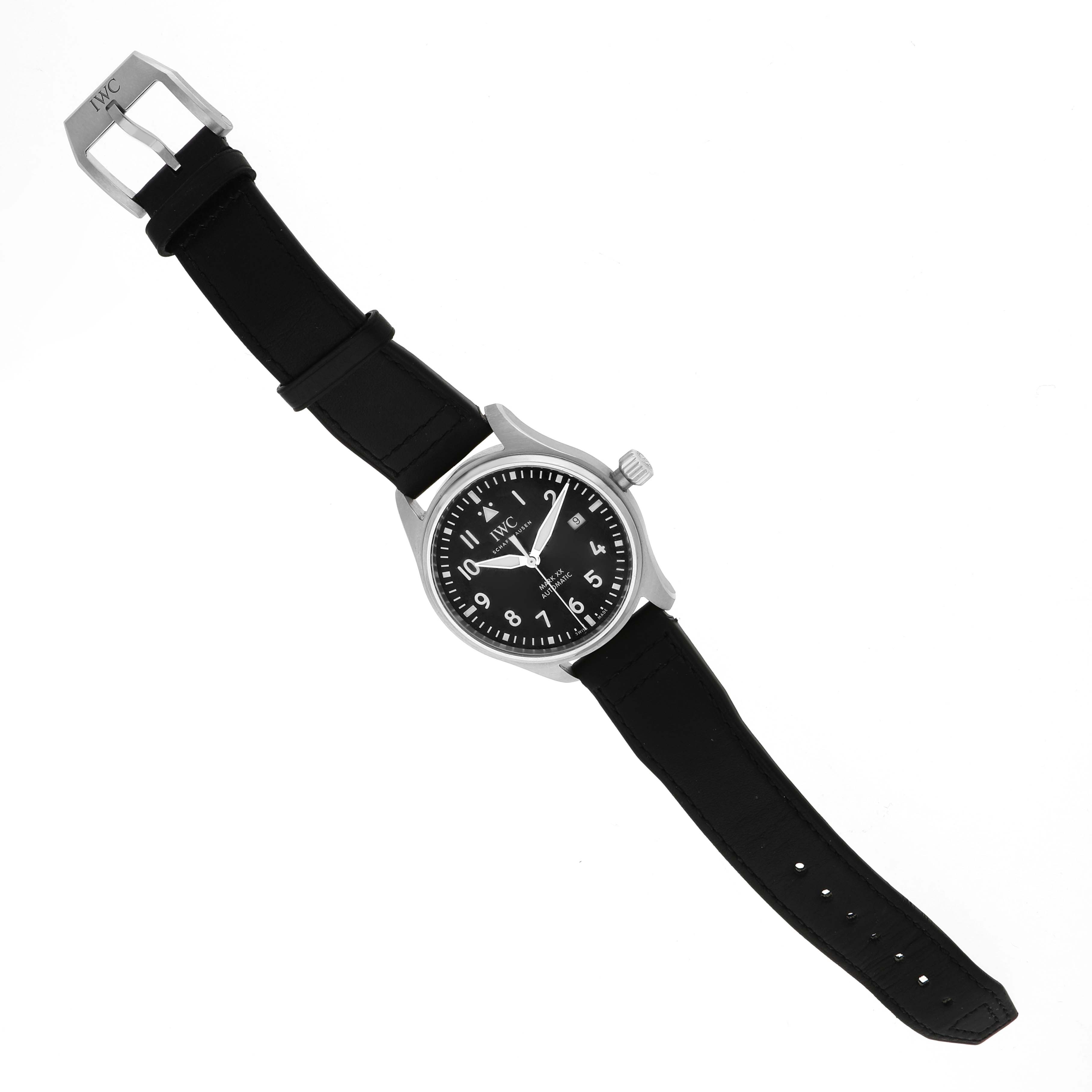 The IWC Pilot IW328201 Men's Stainless Steel Black Dial watch is shown from an overhead angle, displaying its face, black strap, and silver buckle.