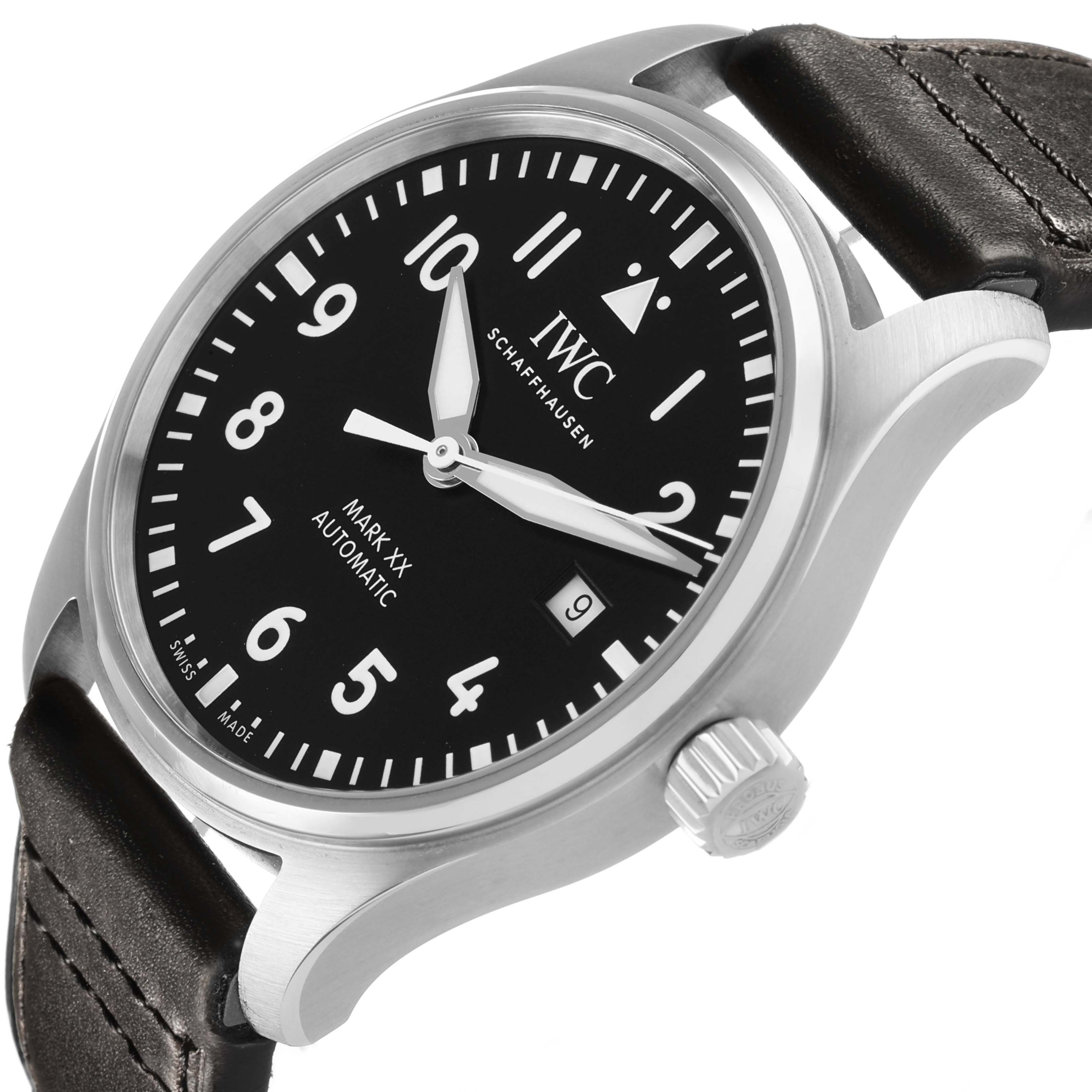 The IWC Pilot IW328201 Men's Stainless Steel Black Dial Mark XX watch is shown at a slight angle, highlighting the dial, case, crown, and part of the strap.