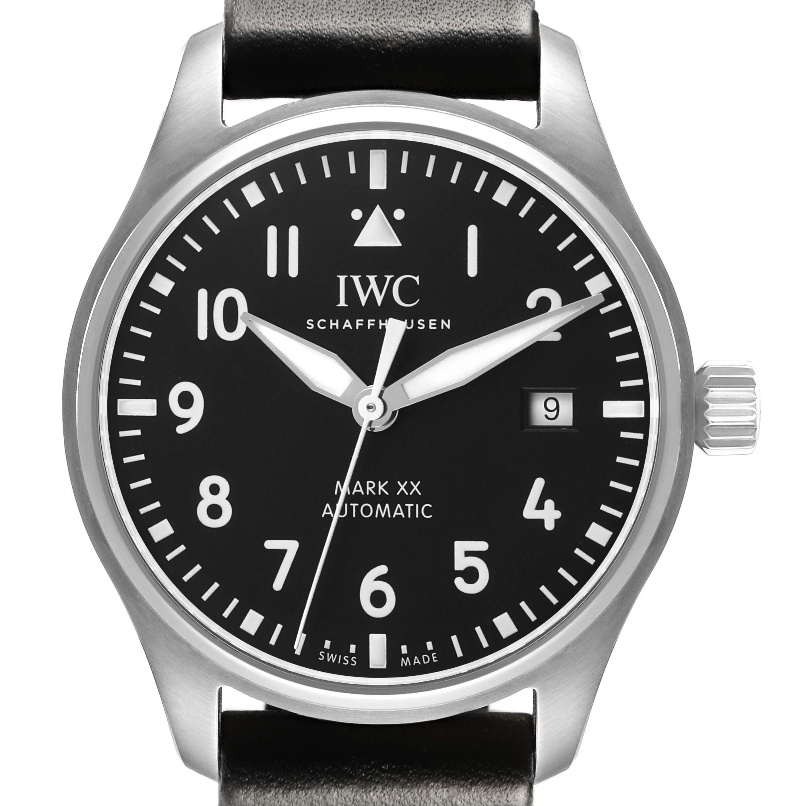 The IWC Pilot IW328201 Men's Stainless Steel Black Dial Mark XX watch is shown from the front, displaying the dial, crown, case, and leather strap.